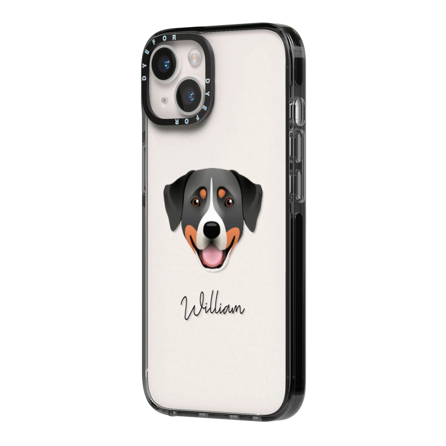 Greater Swiss Mountain Dog Personalised iPhone 14 Black Impact Case Side Angle on Silver phone