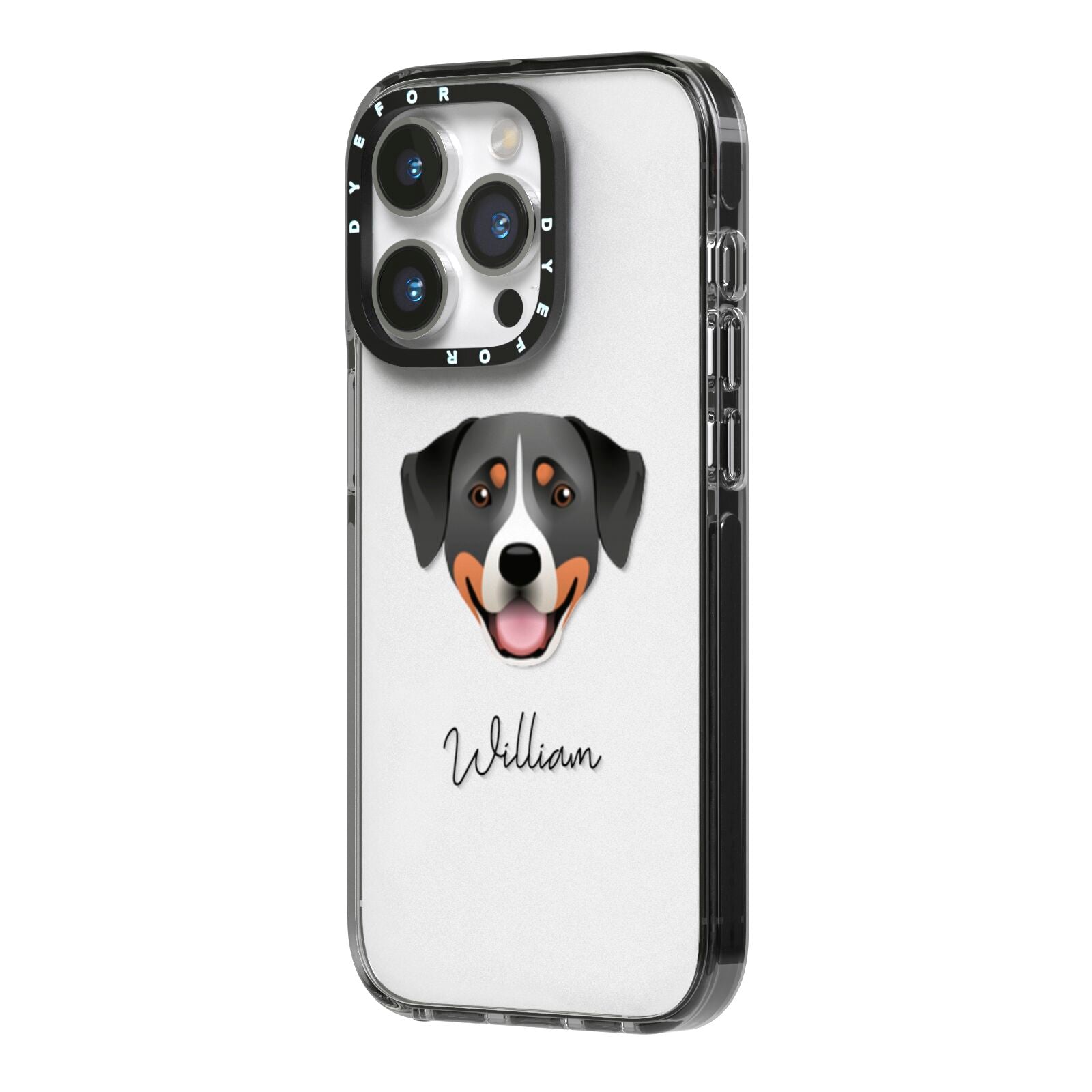 Greater Swiss Mountain Dog Personalised iPhone 14 Pro Black Impact Case Side Angle on Silver phone