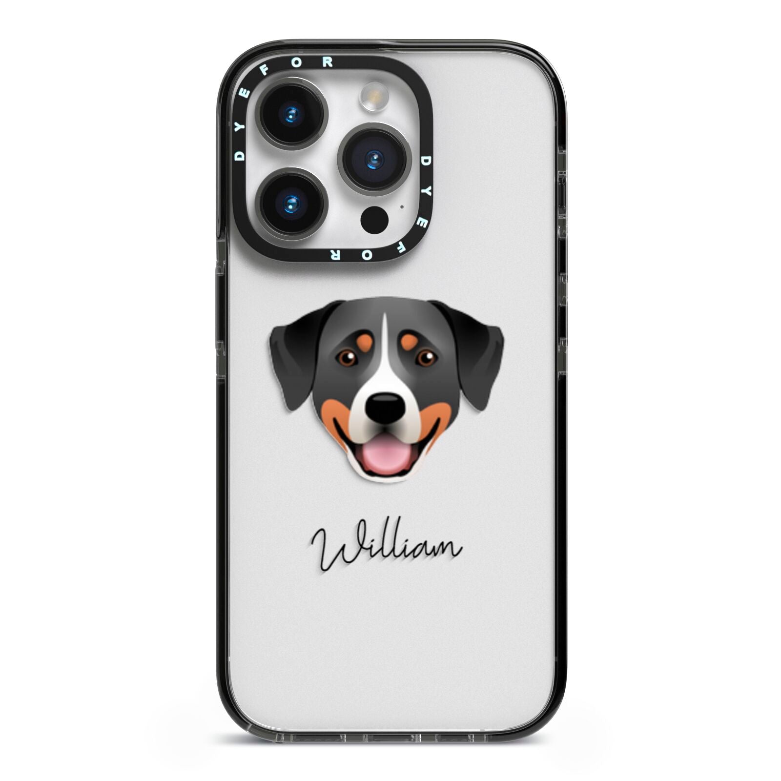 Greater Swiss Mountain Dog Personalised iPhone 14 Pro Black Impact Case on Silver phone