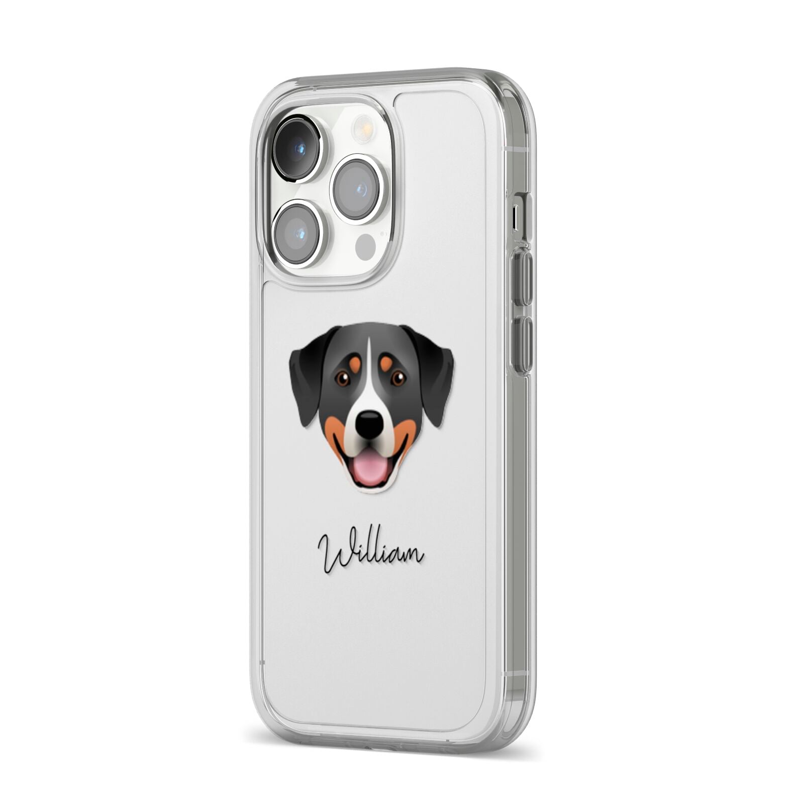 Greater Swiss Mountain Dog Personalised iPhone 14 Pro Clear Tough Case Silver Angled Image