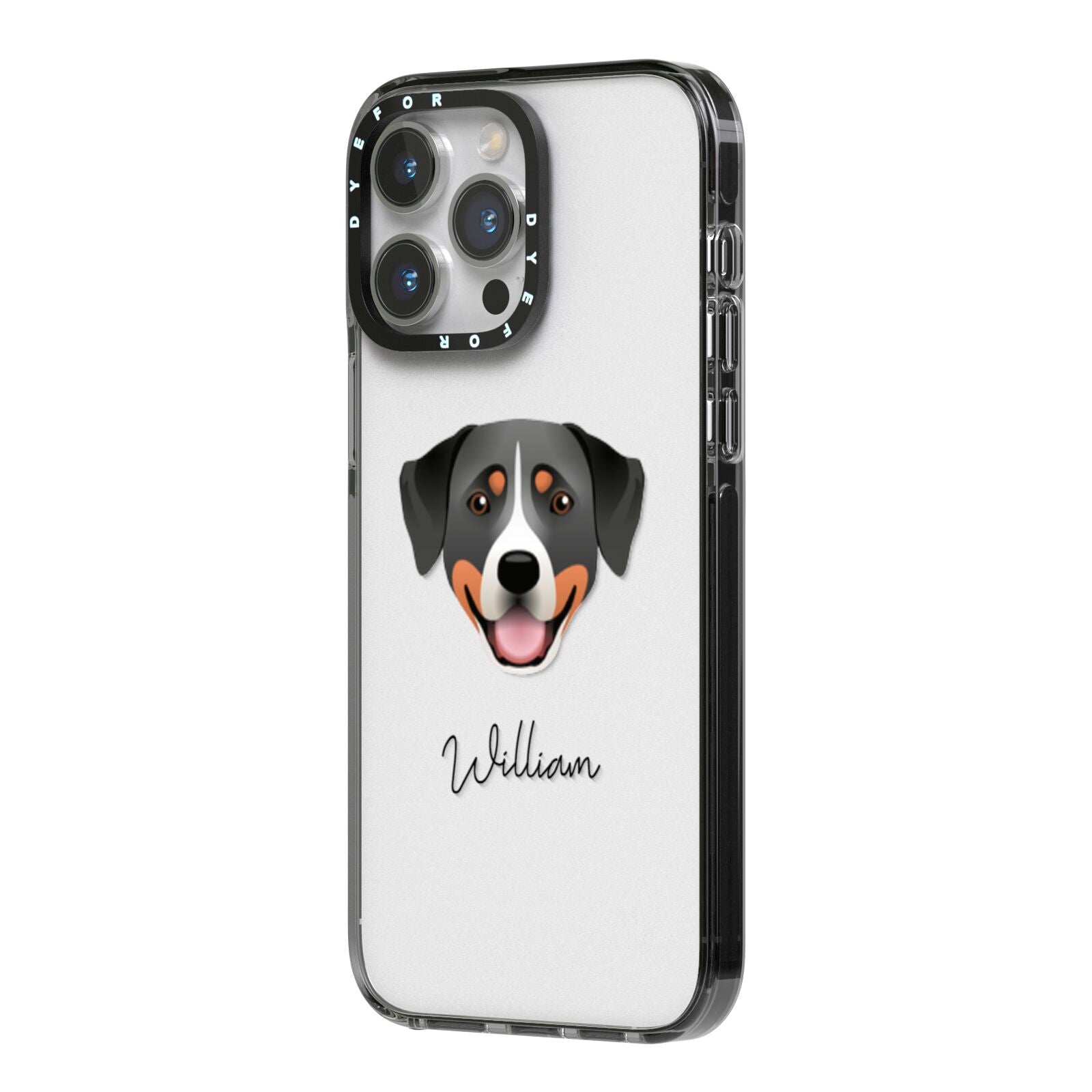 Greater Swiss Mountain Dog Personalised iPhone 14 Pro Max Black Impact Case Side Angle on Silver phone