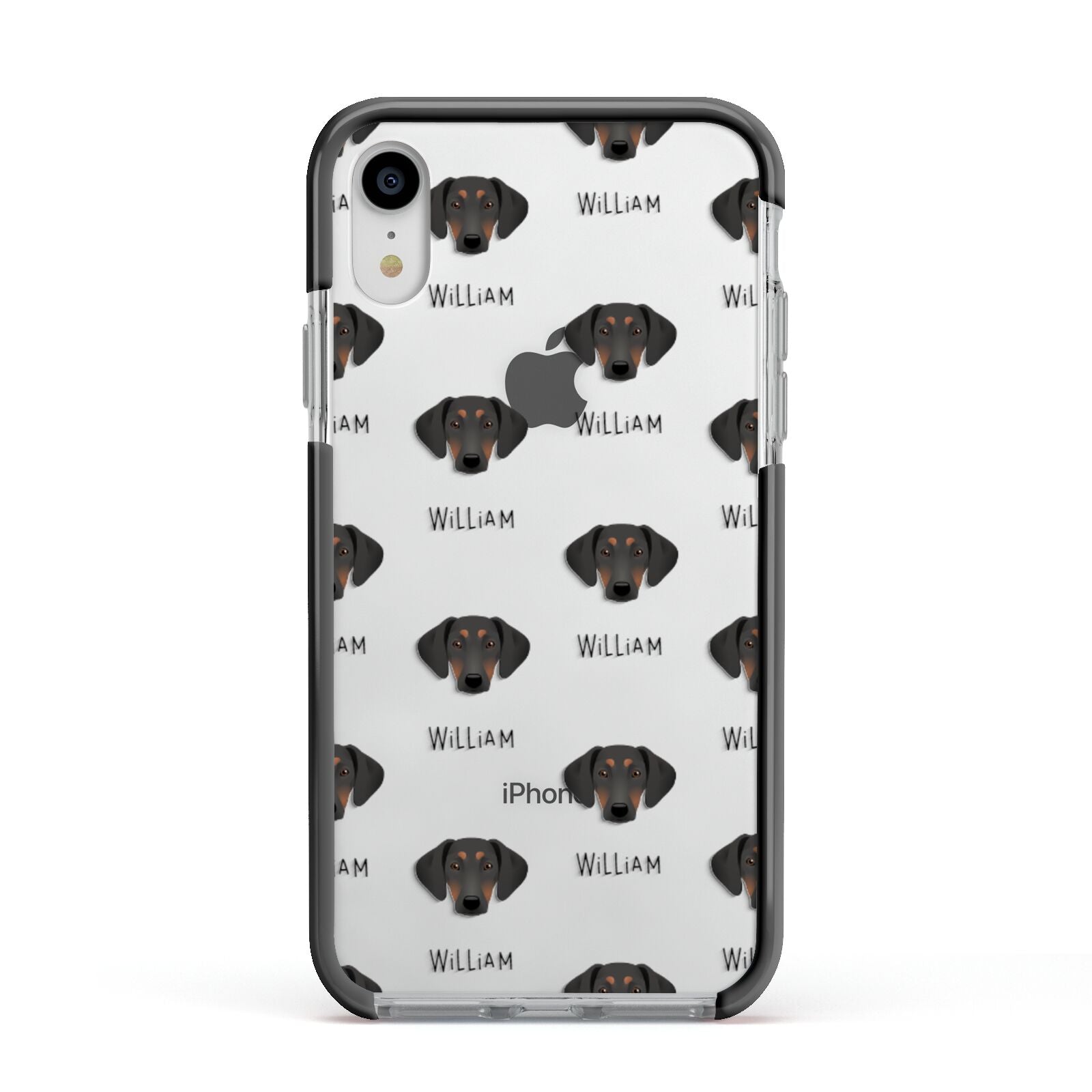 Greek Harehound Icon with Name Apple iPhone XR Impact Case Black Edge on Silver Phone