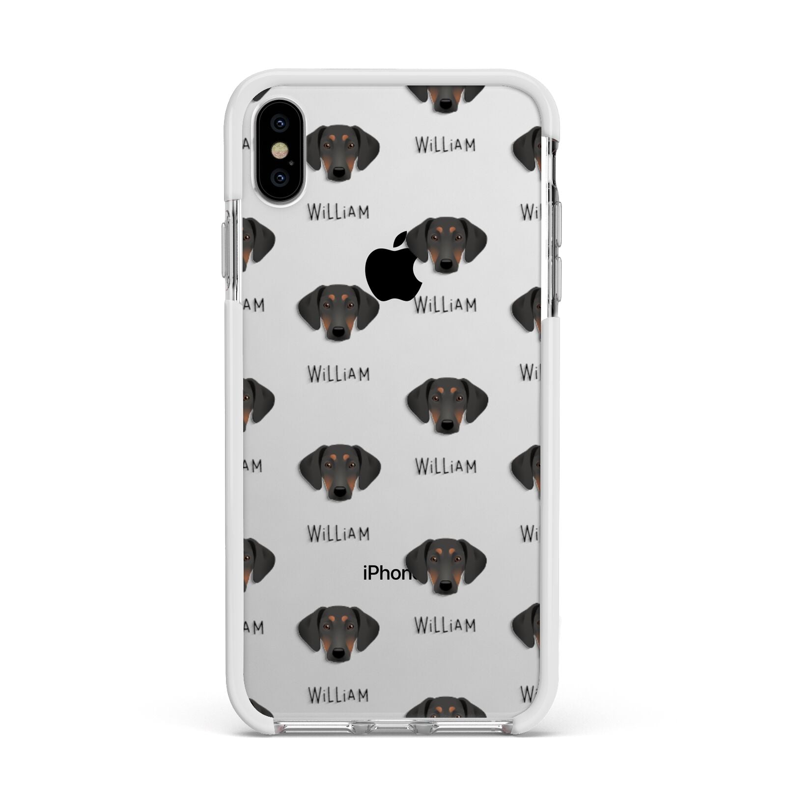 Greek Harehound Icon with Name Apple iPhone Xs Max Impact Case White Edge on Silver Phone