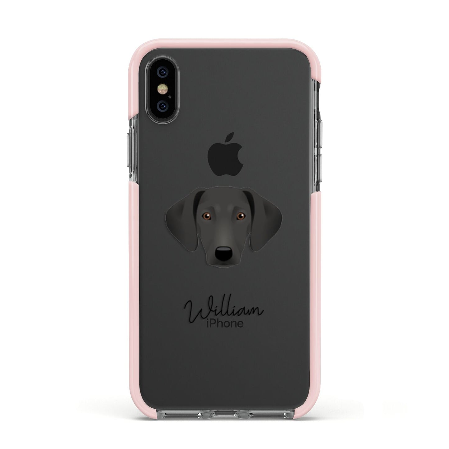 Greek Harehound Personalised Apple iPhone Xs Impact Case Pink Edge on Black Phone