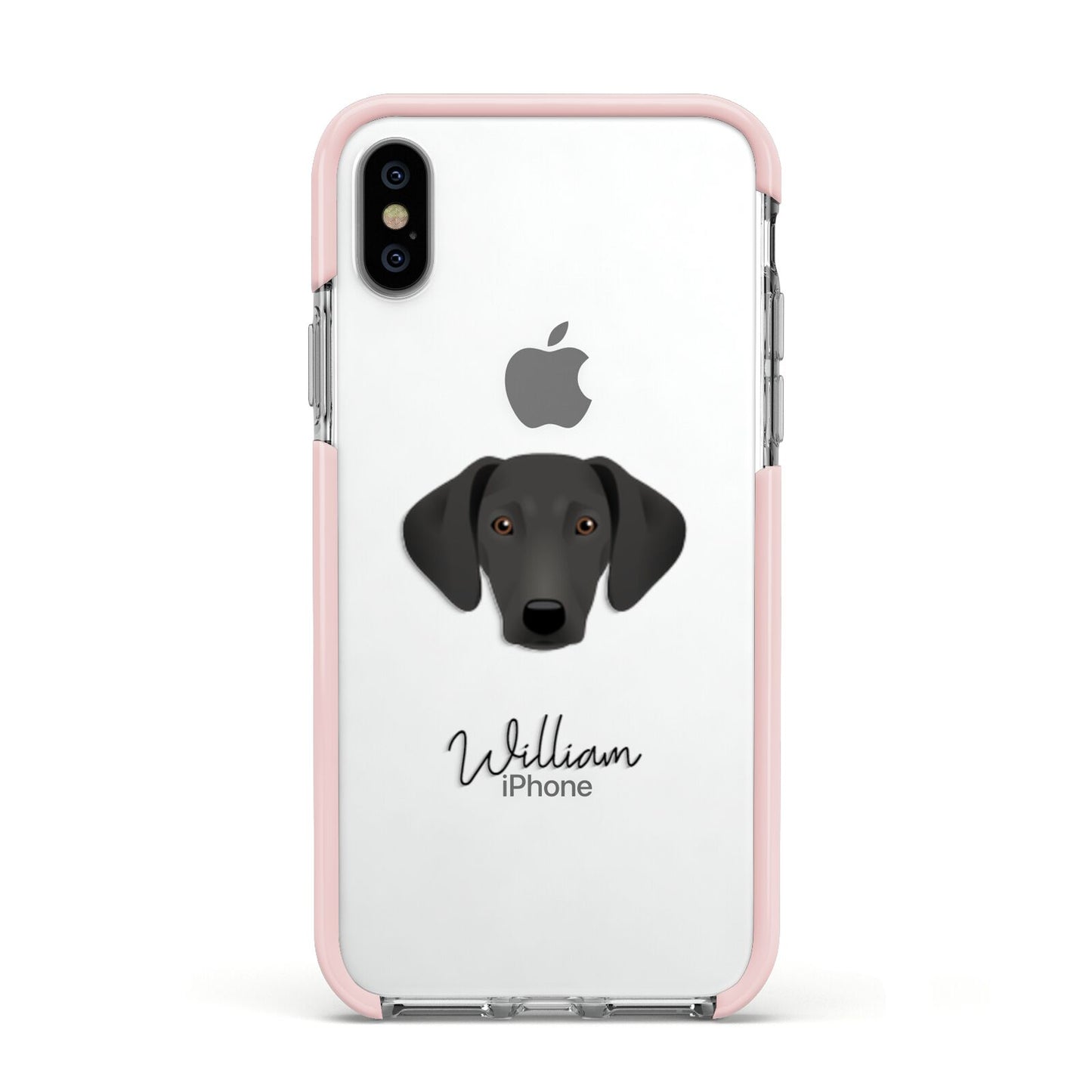 Greek Harehound Personalised Apple iPhone Xs Impact Case Pink Edge on Silver Phone