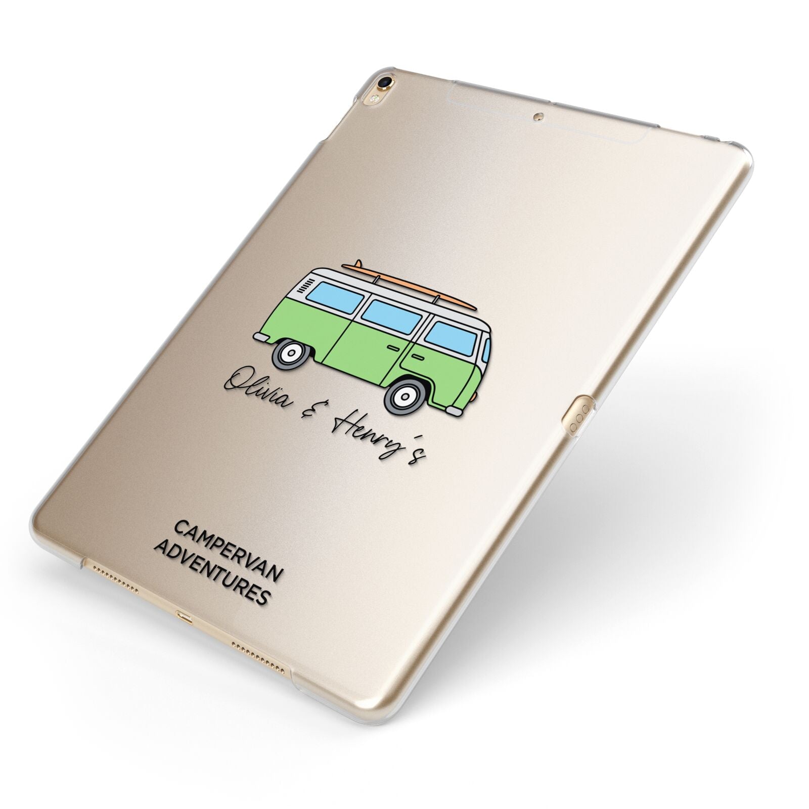 Green Bespoke Campervan Adventures Apple iPad Case on Gold iPad Side View