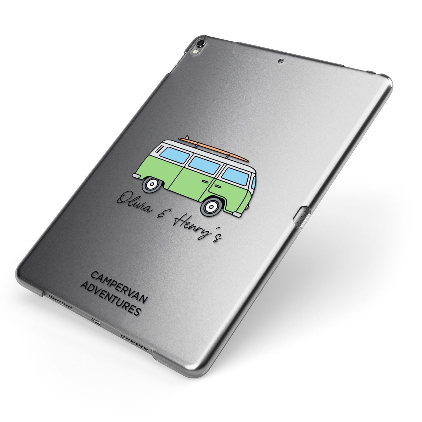 Green Bespoke Campervan Adventures Apple iPad Case on Grey iPad Side View