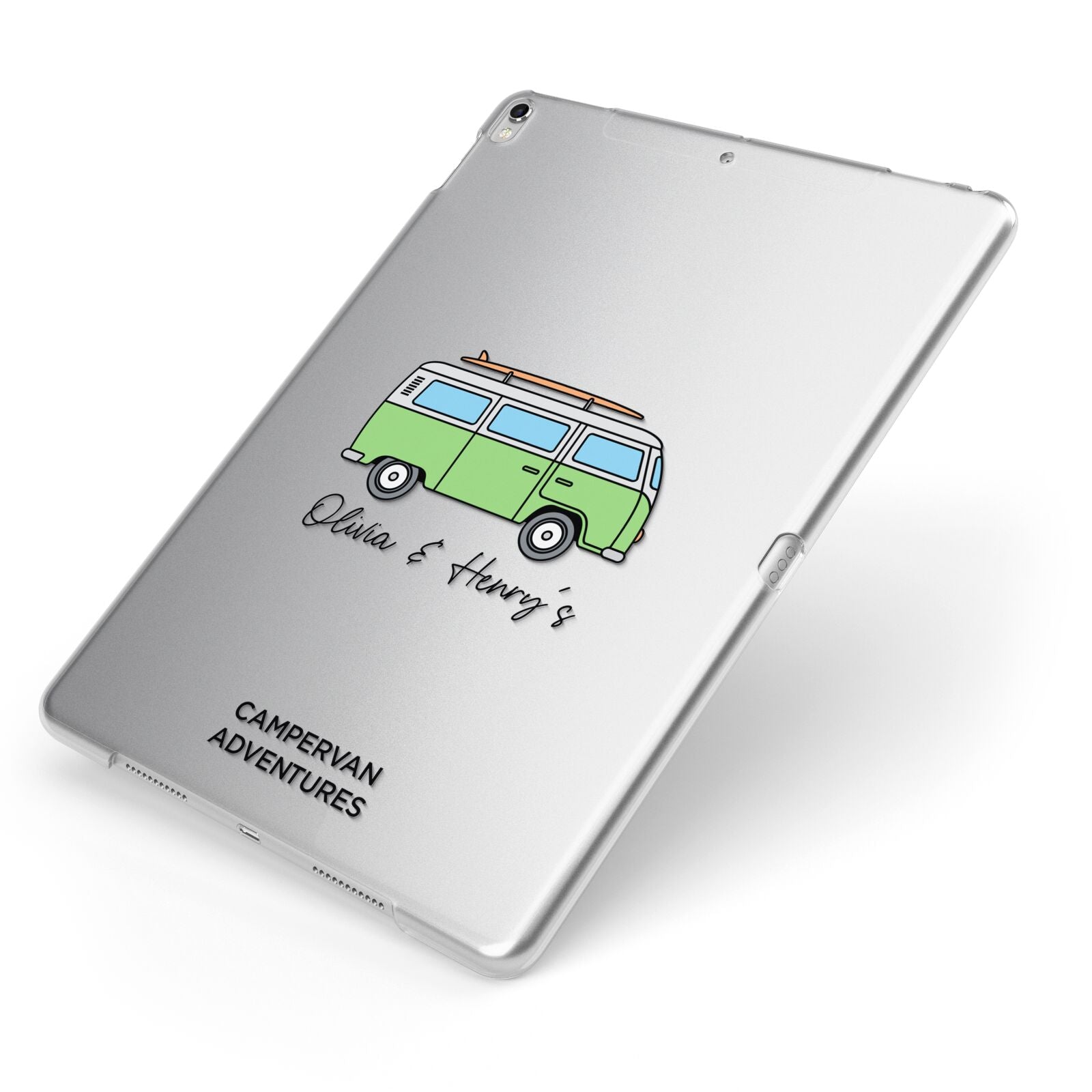 Green Bespoke Campervan Adventures Apple iPad Case on Silver iPad Side View