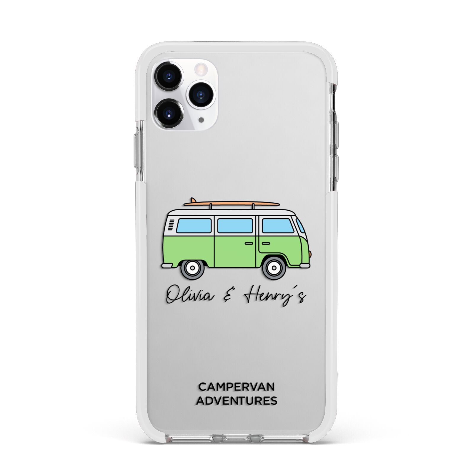 Green Bespoke Campervan Adventures Apple iPhone 11 Pro Max in Silver with White Impact Case