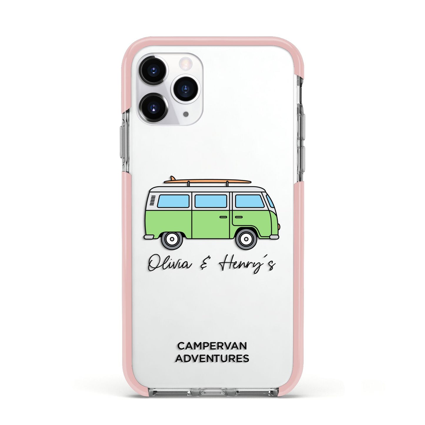 Green Bespoke Campervan Adventures Apple iPhone 11 Pro in Silver with Pink Impact Case