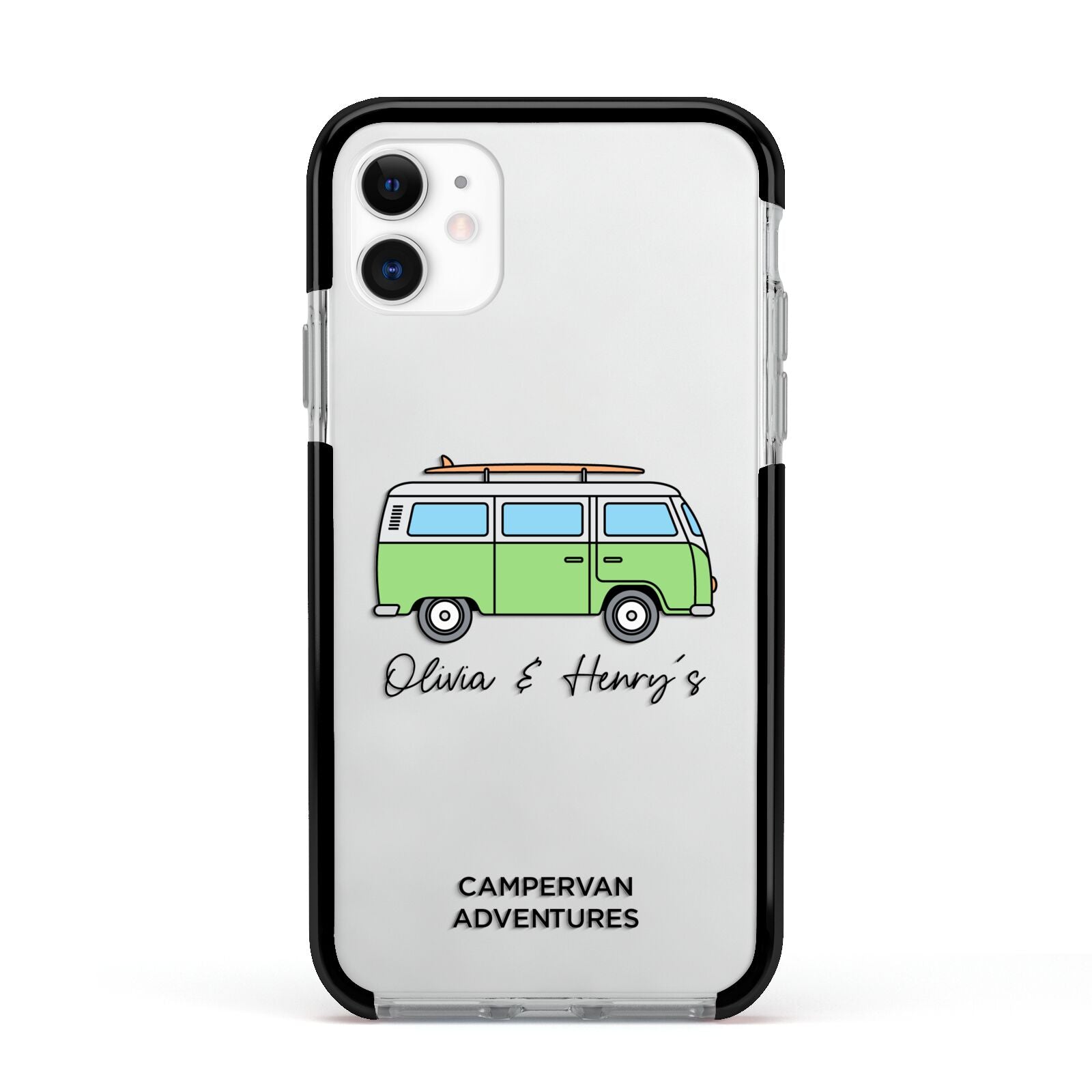 Green Bespoke Campervan Adventures Apple iPhone 11 in White with Black Impact Case
