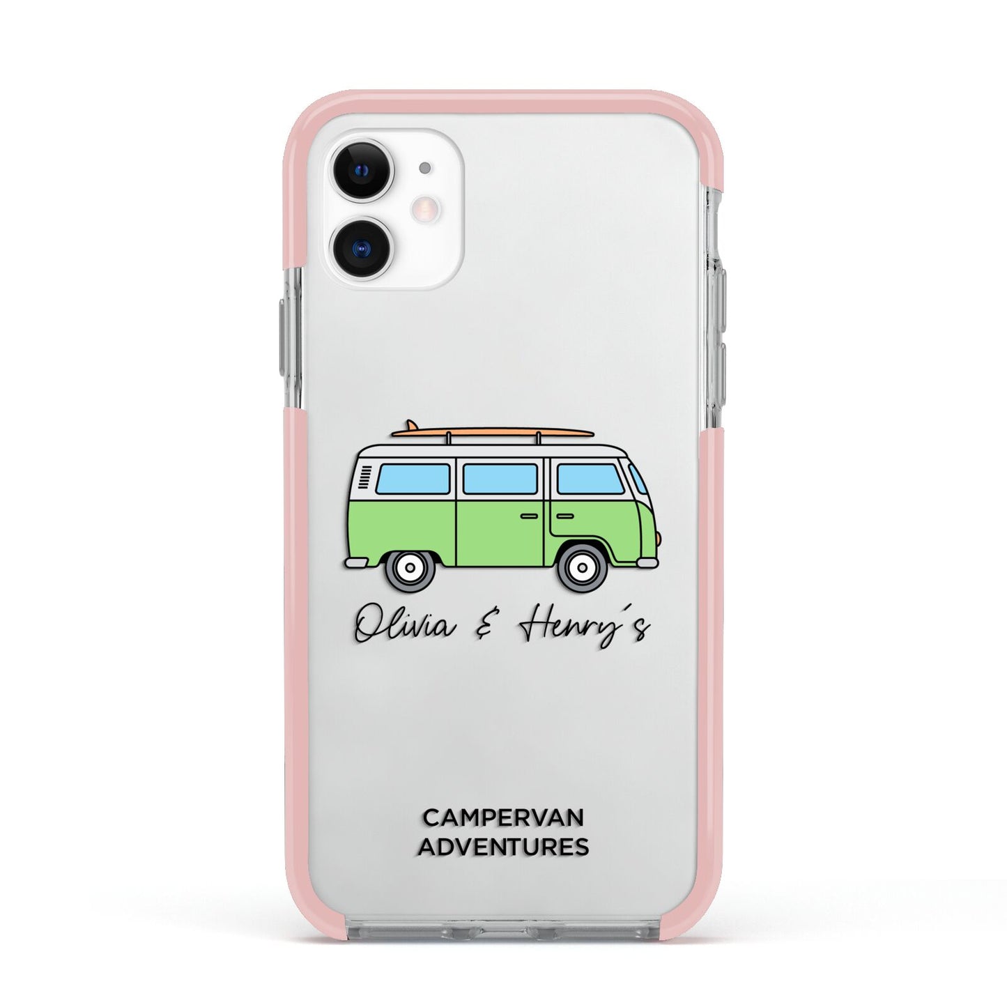 Green Bespoke Campervan Adventures Apple iPhone 11 in White with Pink Impact Case