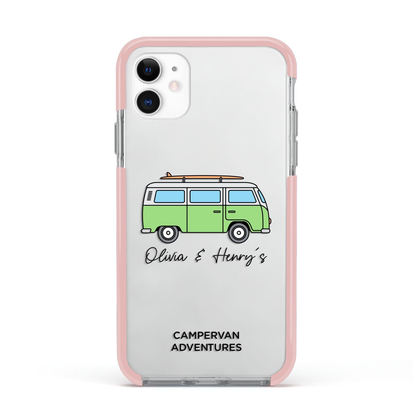 Green Bespoke Campervan Adventures Apple iPhone 11 in White with Pink Impact Case