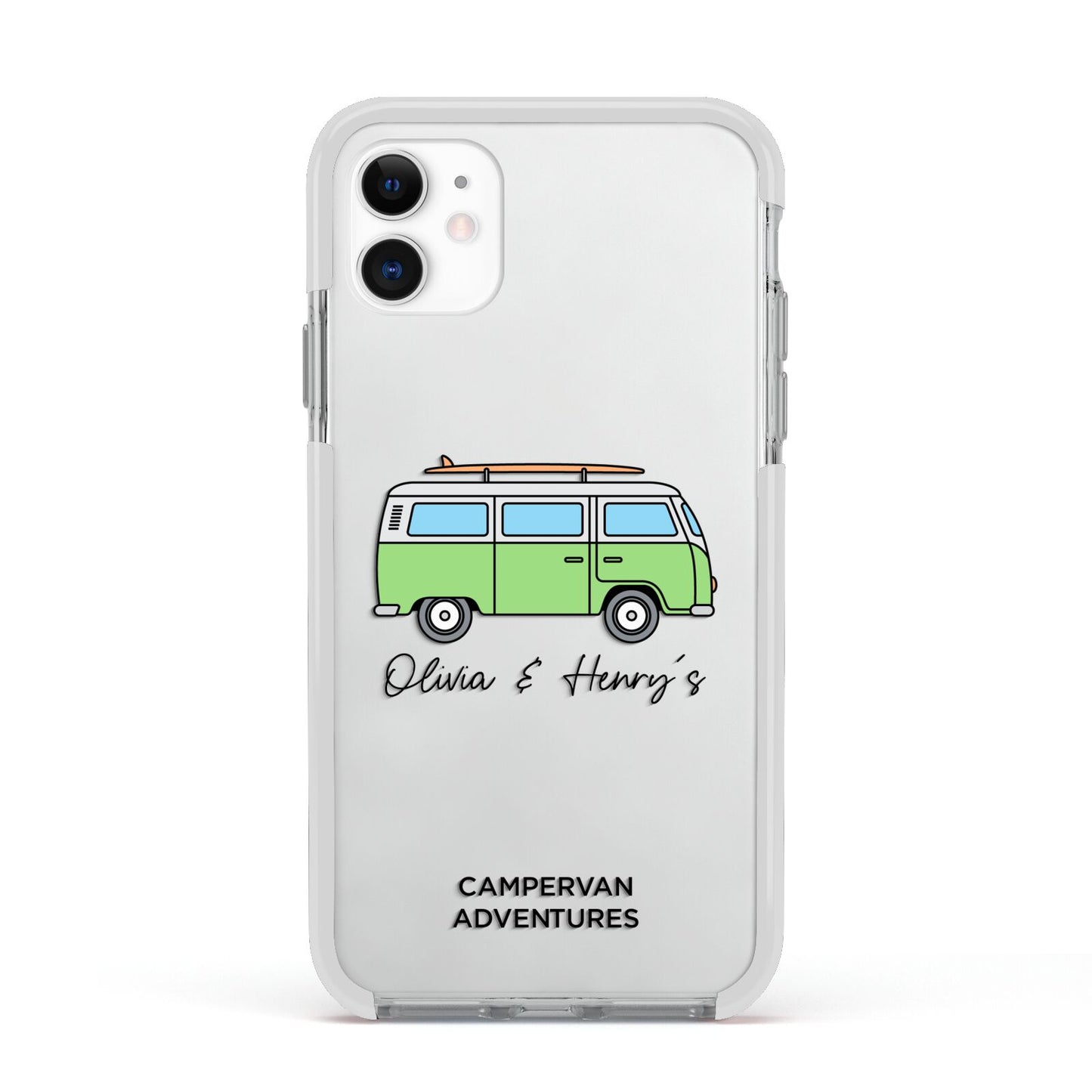 Green Bespoke Campervan Adventures Apple iPhone 11 in White with White Impact Case