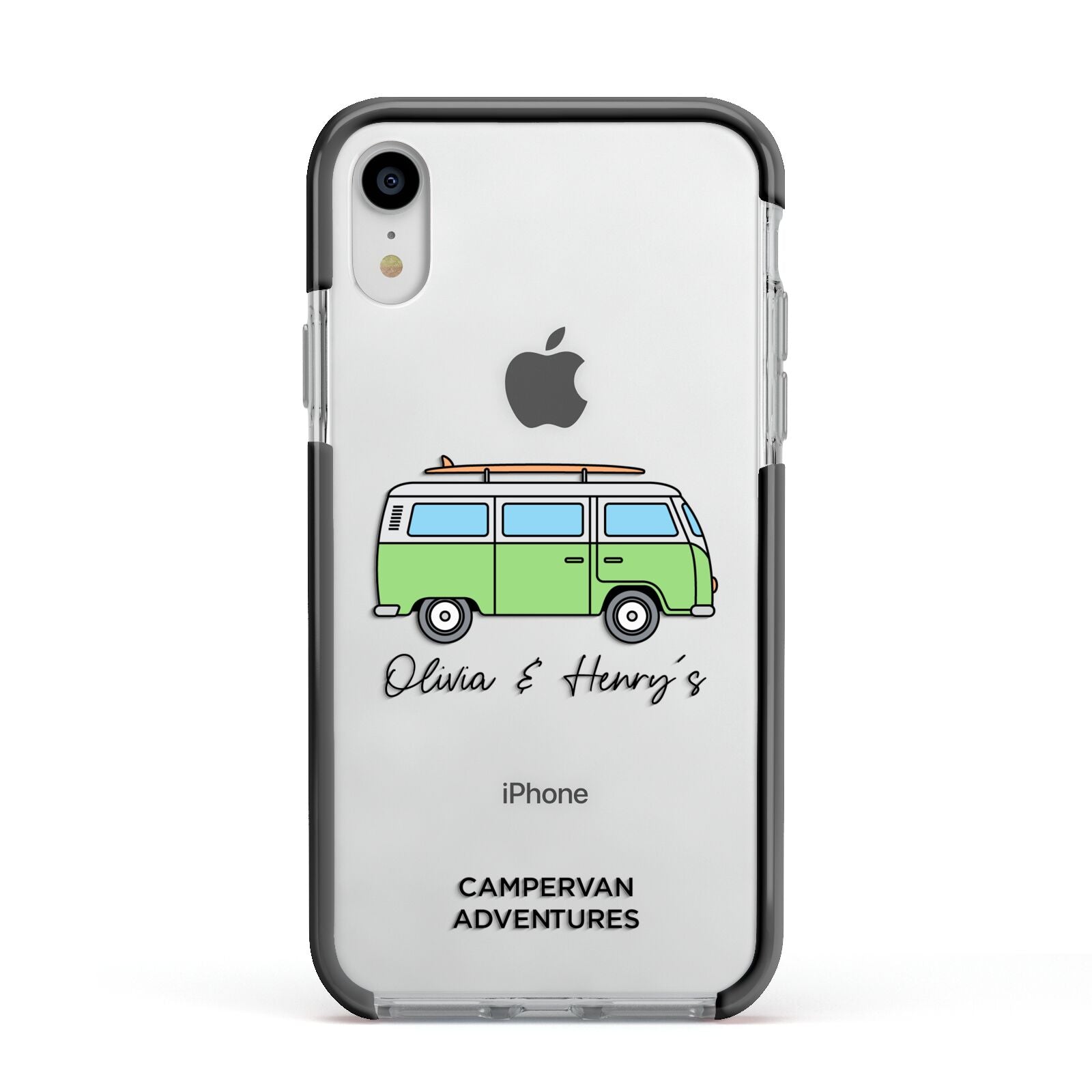 Green Bespoke Campervan Adventures Apple iPhone XR Impact Case Black Edge on Silver Phone