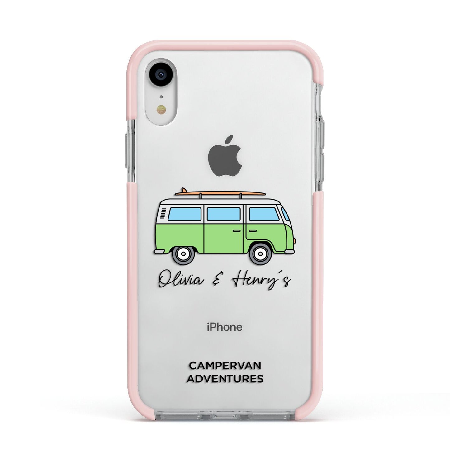 Green Bespoke Campervan Adventures Apple iPhone XR Impact Case Pink Edge on Silver Phone