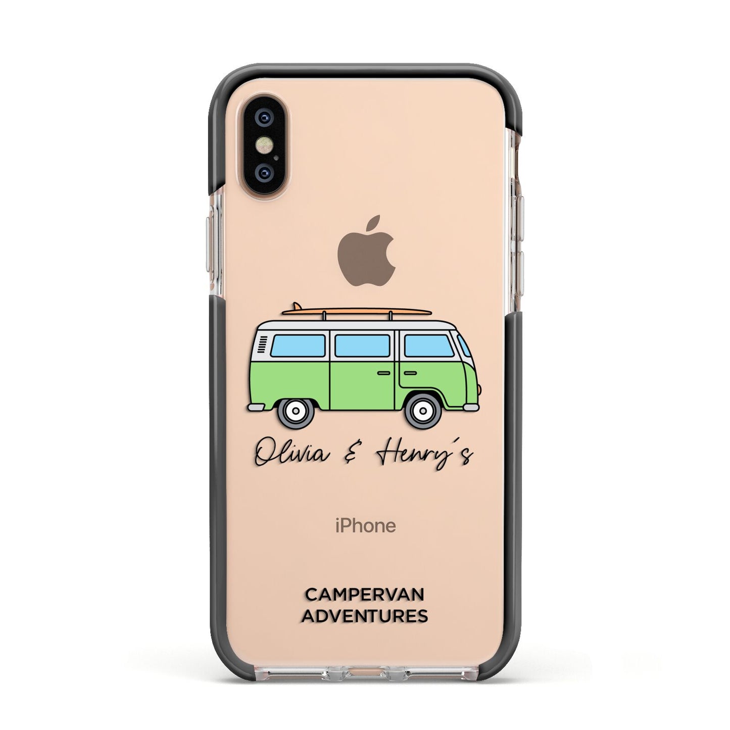 Green Bespoke Campervan Adventures Apple iPhone Xs Impact Case Black Edge on Gold Phone