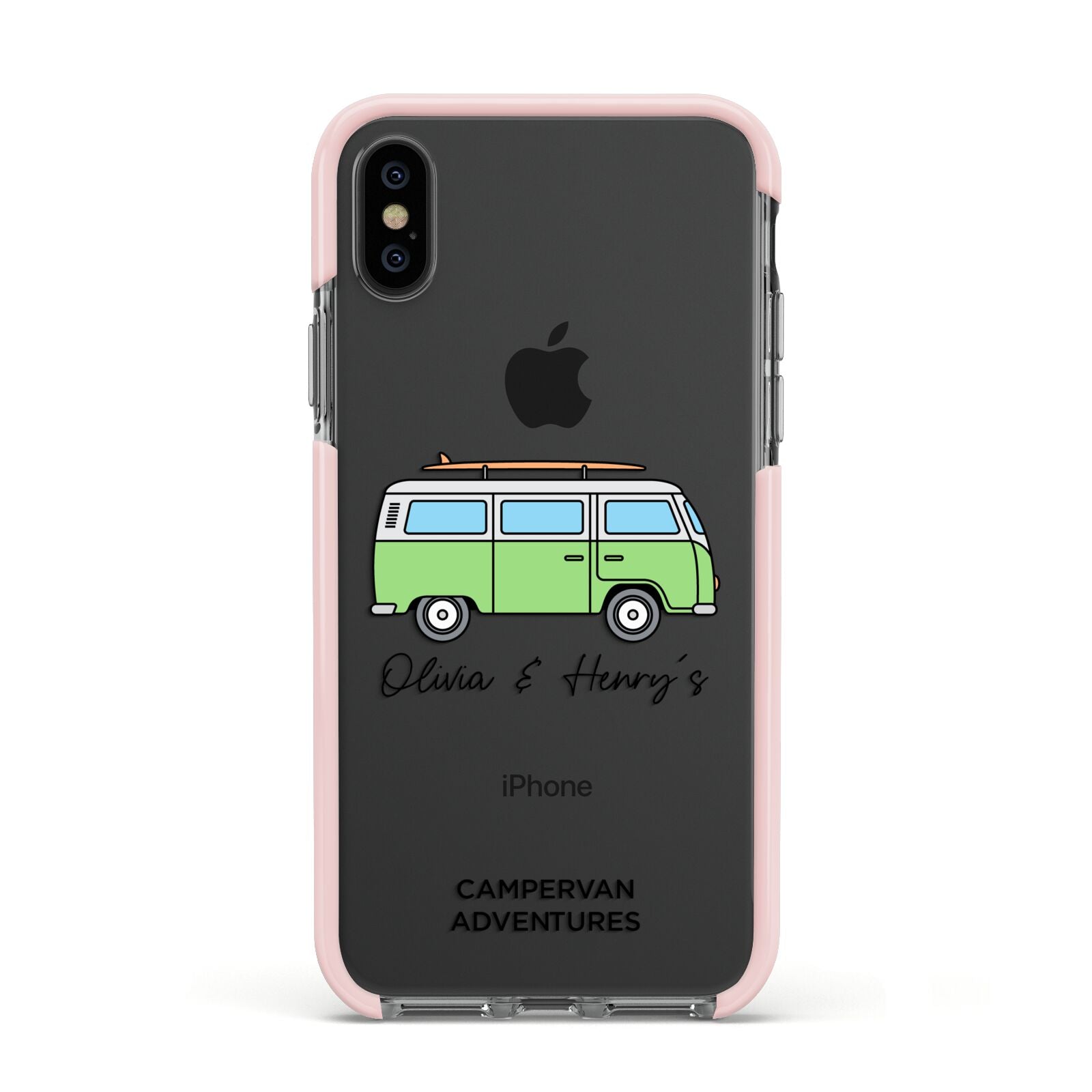 Green Bespoke Campervan Adventures Apple iPhone Xs Impact Case Pink Edge on Black Phone