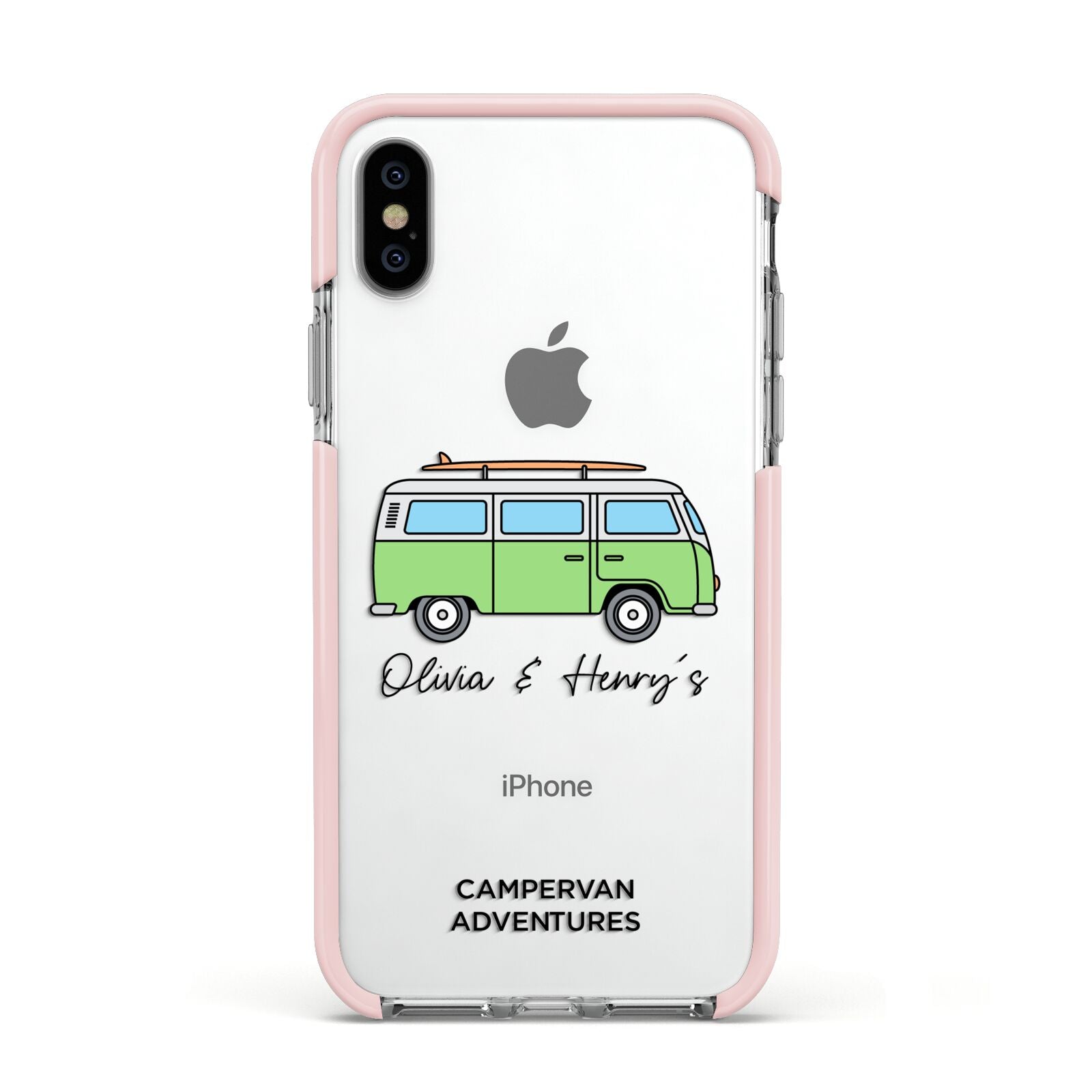 Green Bespoke Campervan Adventures Apple iPhone Xs Impact Case Pink Edge on Silver Phone