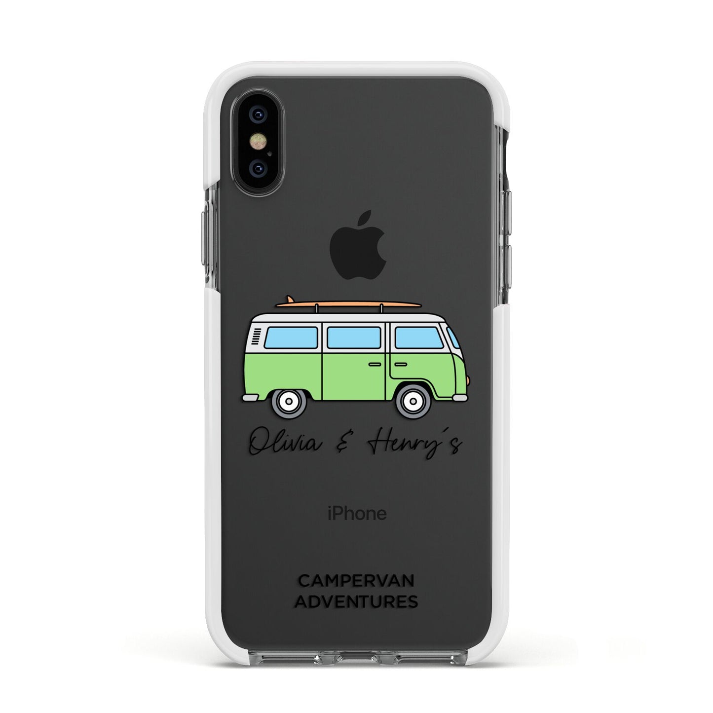 Green Bespoke Campervan Adventures Apple iPhone Xs Impact Case White Edge on Black Phone