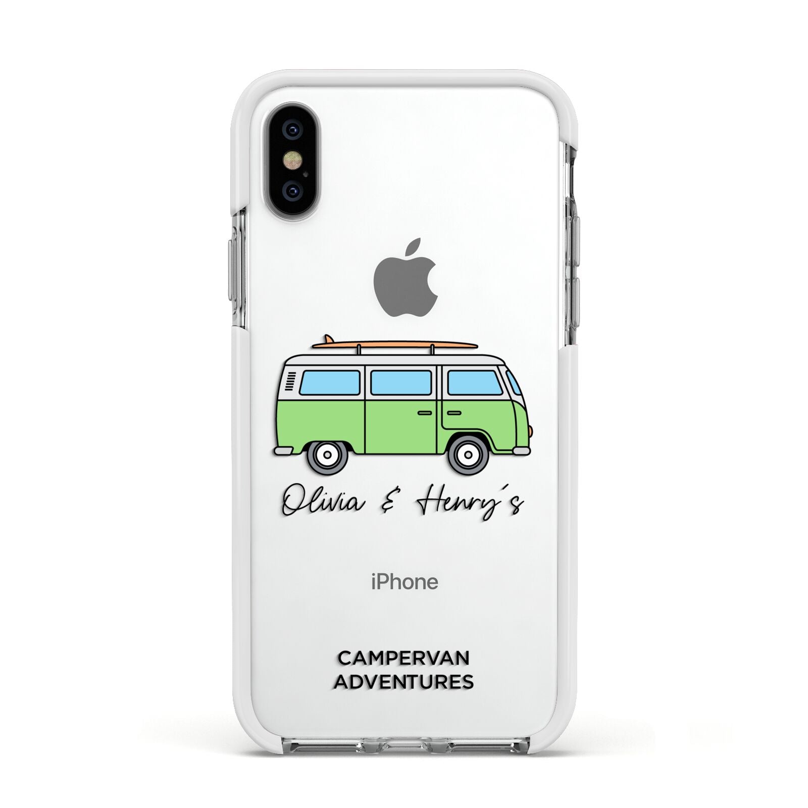 Green Bespoke Campervan Adventures Apple iPhone Xs Impact Case White Edge on Silver Phone