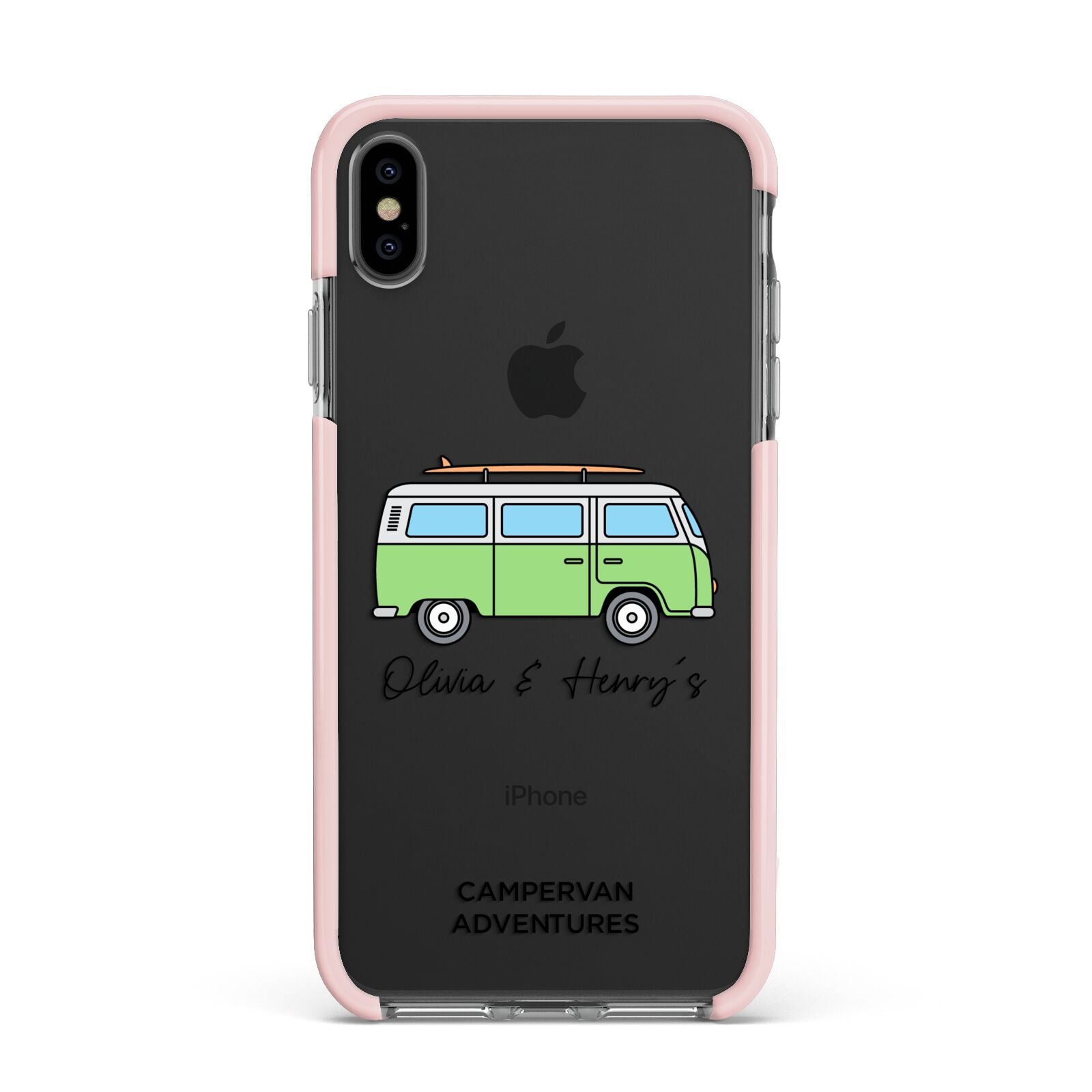 Green Bespoke Campervan Adventures Apple iPhone Xs Max Impact Case Pink Edge on Black Phone
