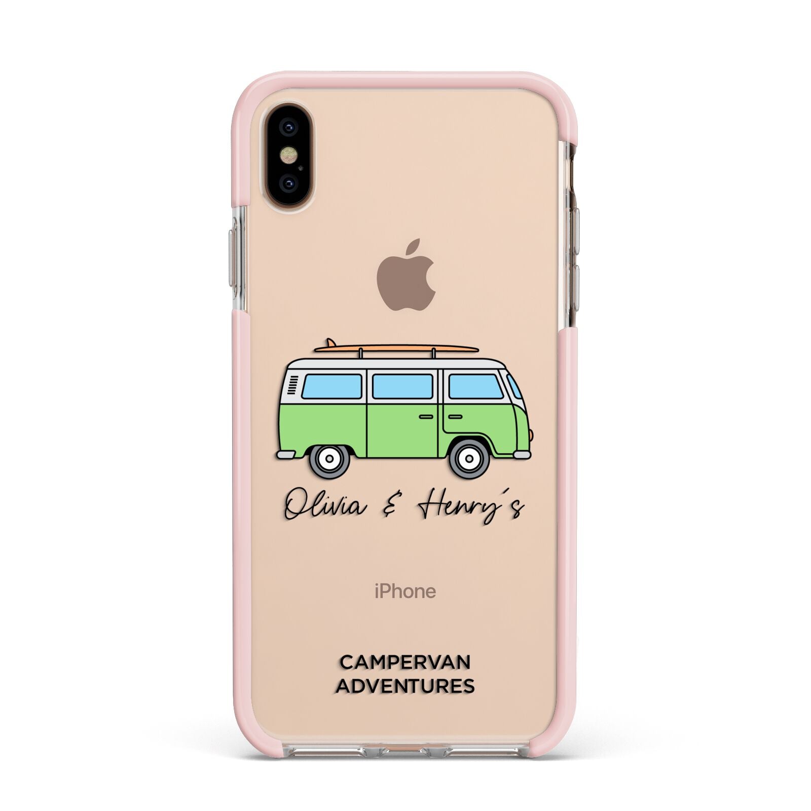 Green Bespoke Campervan Adventures Apple iPhone Xs Max Impact Case Pink Edge on Gold Phone