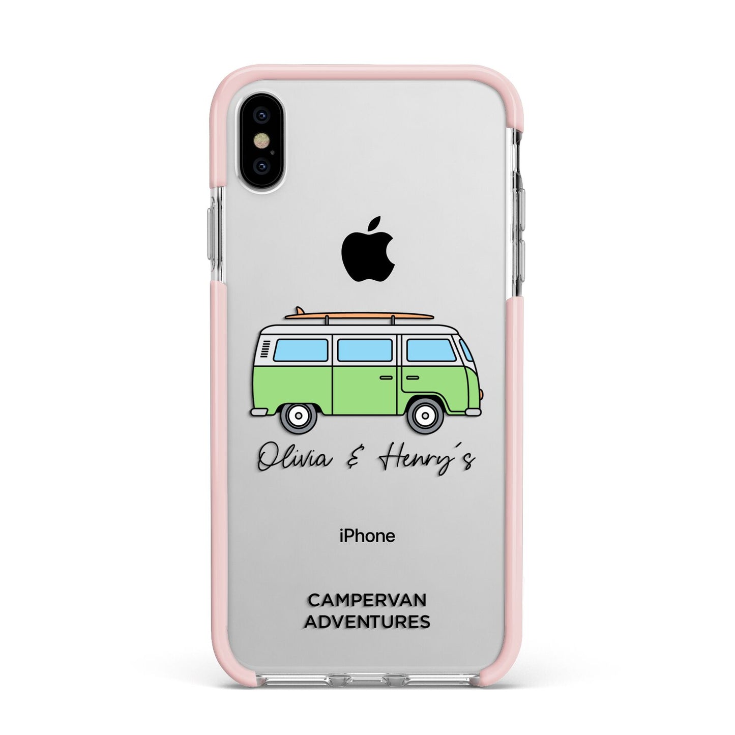 Green Bespoke Campervan Adventures Apple iPhone Xs Max Impact Case Pink Edge on Silver Phone