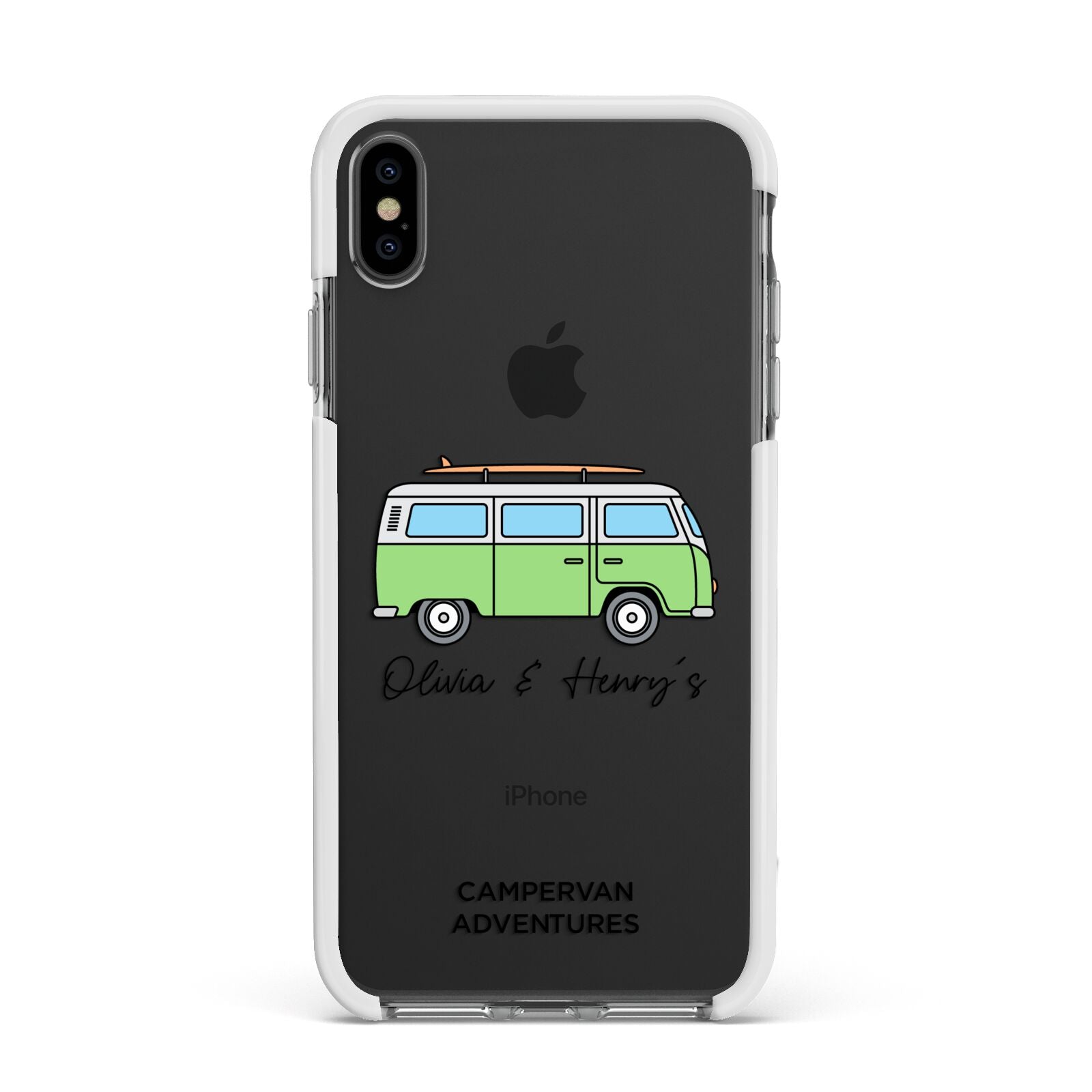 Green Bespoke Campervan Adventures Apple iPhone Xs Max Impact Case White Edge on Black Phone