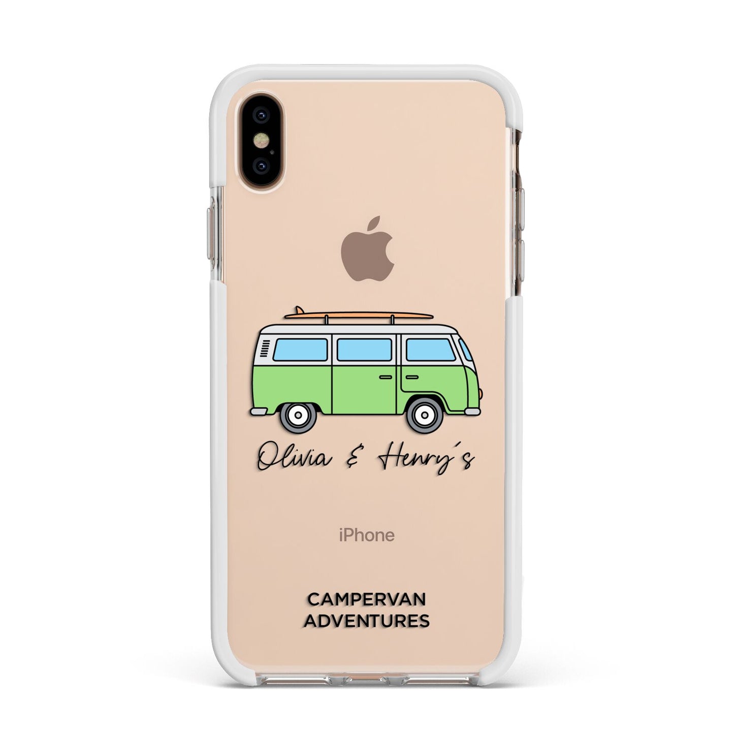 Green Bespoke Campervan Adventures Apple iPhone Xs Max Impact Case White Edge on Gold Phone