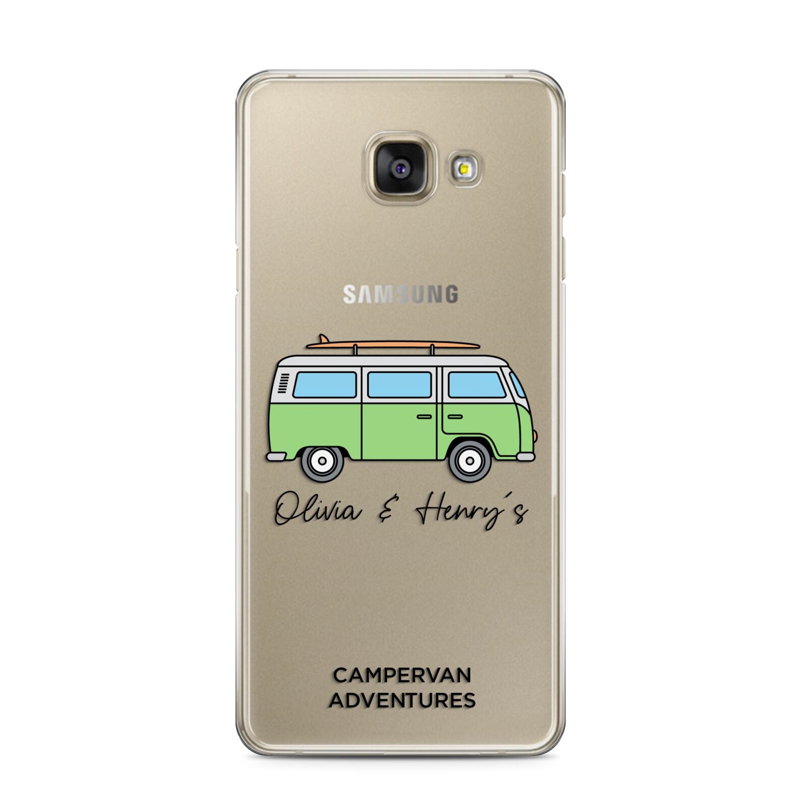 Green Bespoke Campervan Adventures Samsung Galaxy A3 2016 Case on gold phone