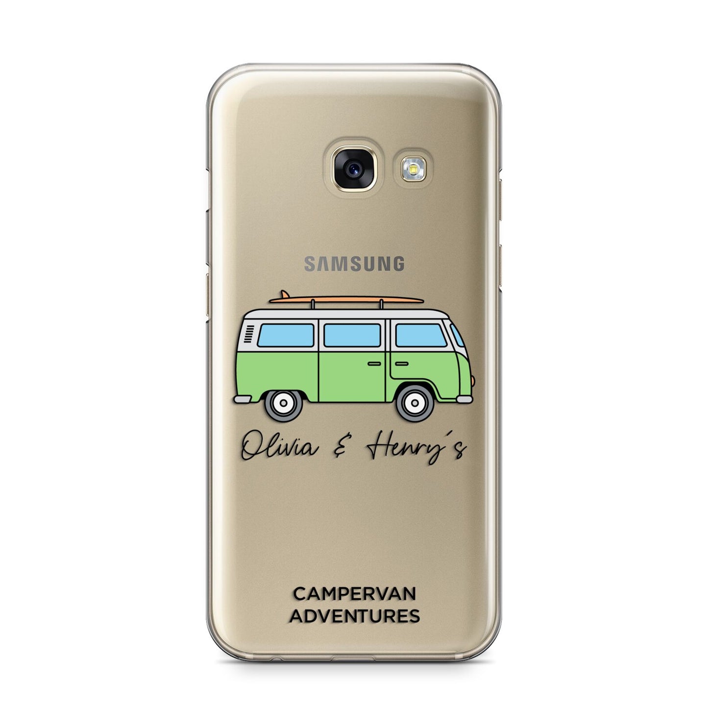 Green Bespoke Campervan Adventures Samsung Galaxy A3 2017 Case on gold phone