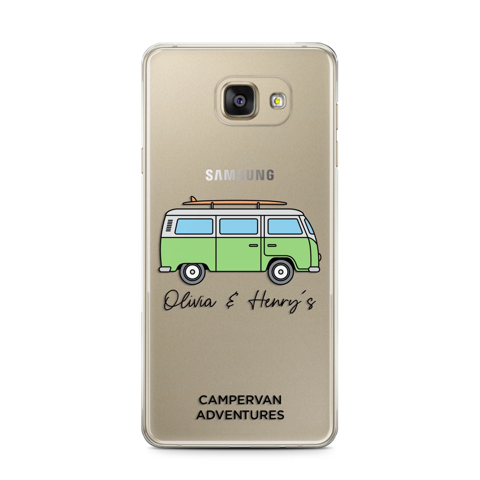 Green Bespoke Campervan Adventures Samsung Galaxy A7 2016 Case on gold phone