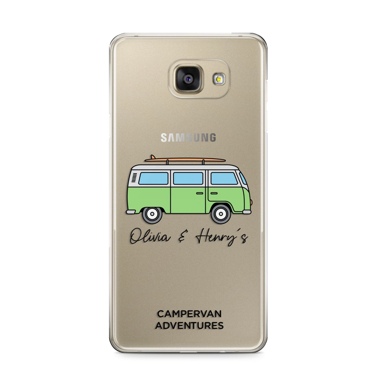 Green Bespoke Campervan Adventures Samsung Galaxy A9 2016 Case on gold phone