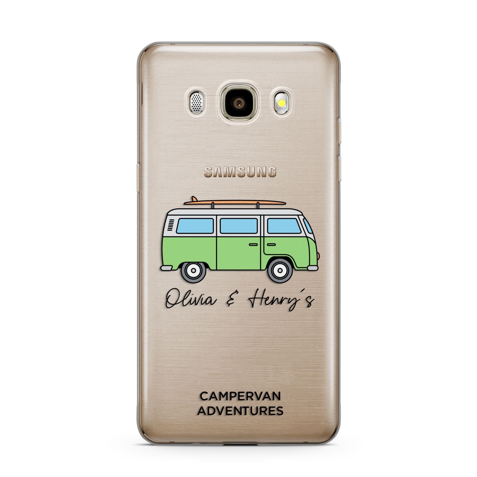 Green Bespoke Campervan Adventures Samsung Galaxy J7 2016 Case on gold phone