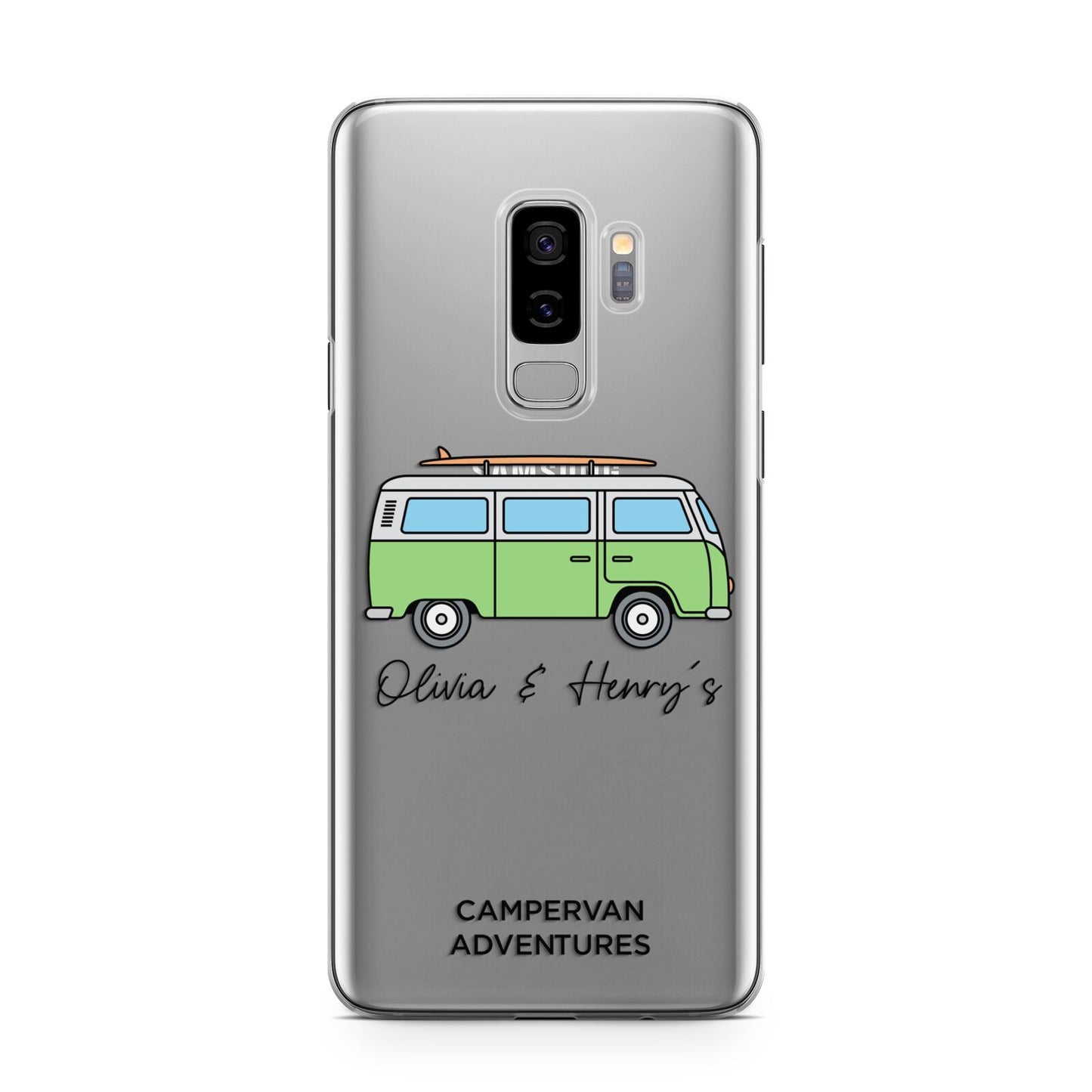 Green Bespoke Campervan Adventures Samsung Galaxy S9 Plus Case on Silver phone
