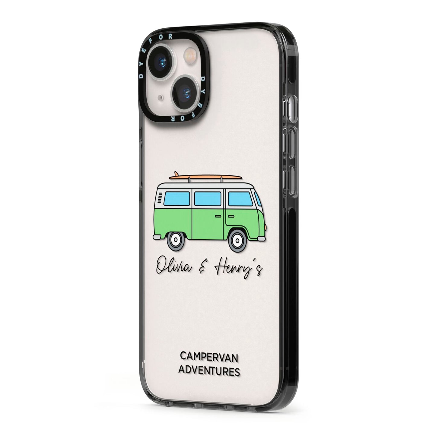 Green Bespoke Campervan Adventures iPhone 13 Black Impact Case Side Angle on Silver phone