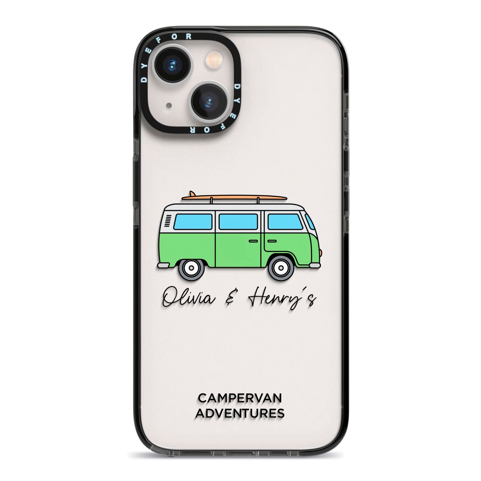 Green Bespoke Campervan Adventures iPhone 13 Black Impact Case on Silver phone