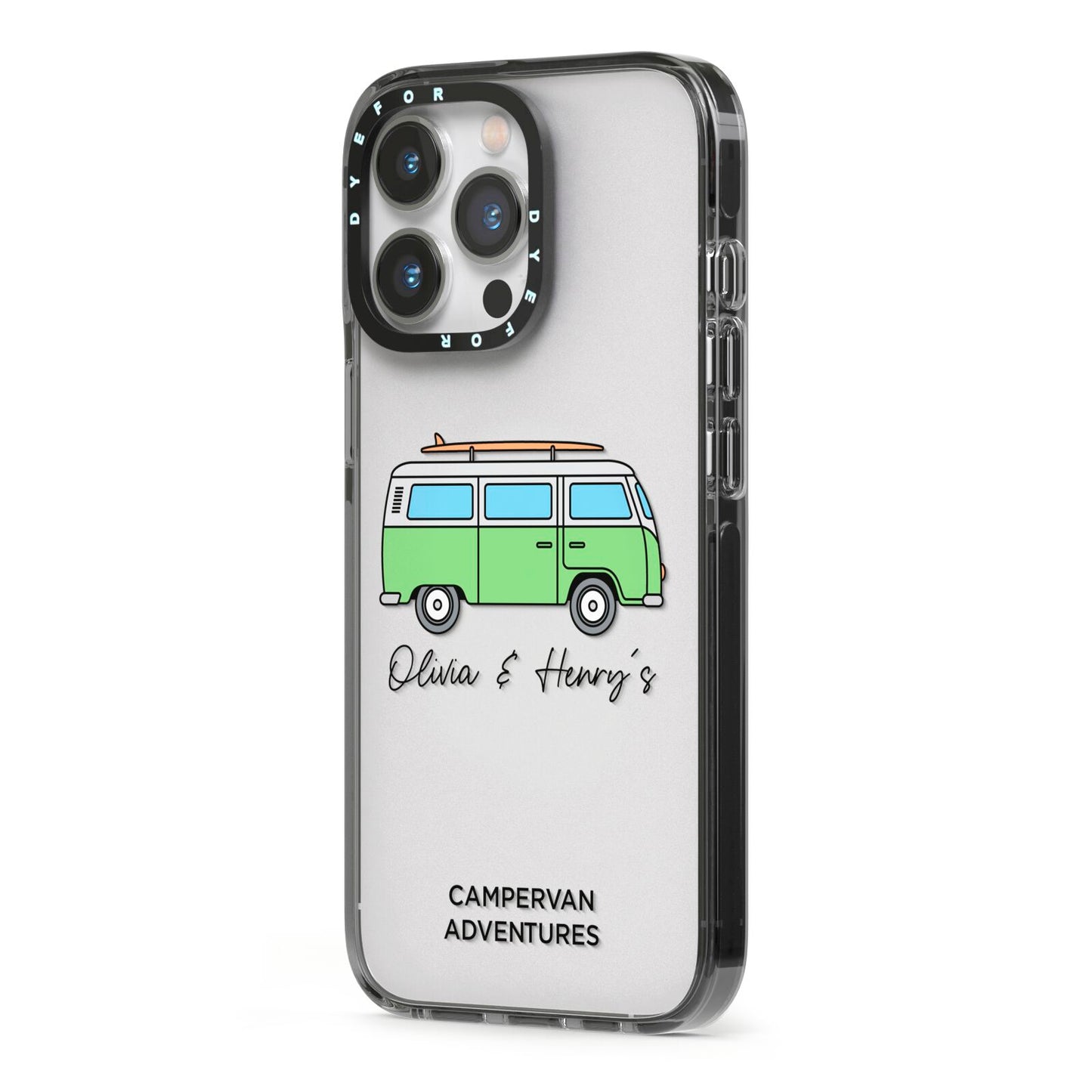 Green Bespoke Campervan Adventures iPhone 13 Pro Black Impact Case Side Angle on Silver phone