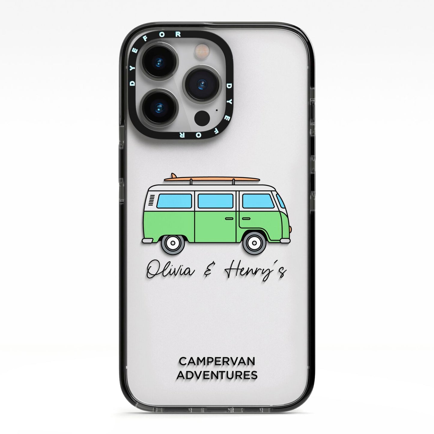 Green Bespoke Campervan Adventures iPhone 13 Pro Black Impact Case on Silver phone