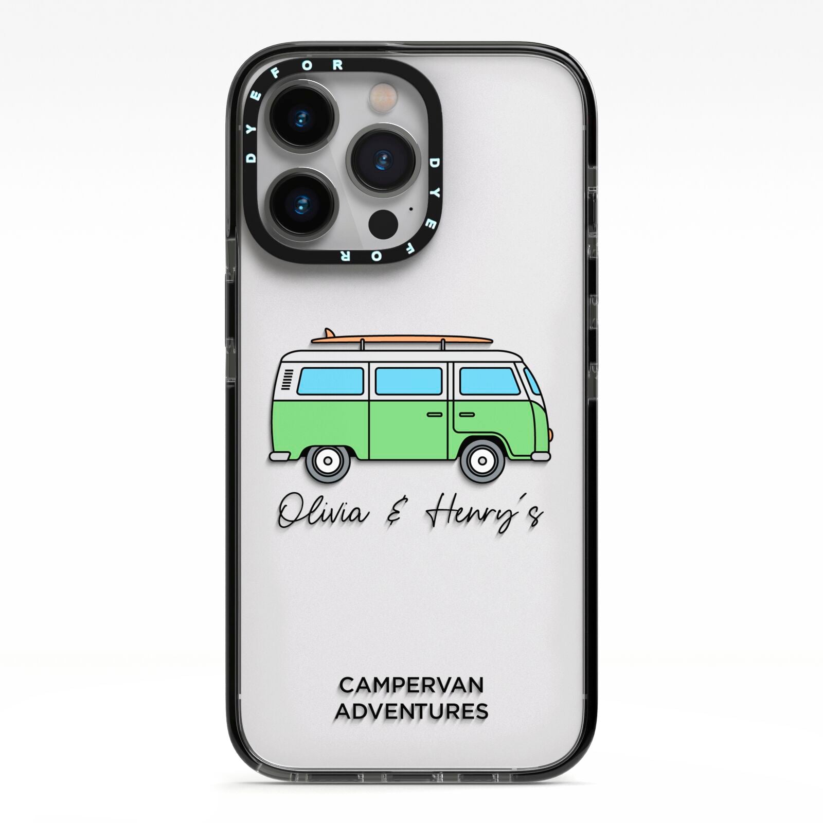 Green Bespoke Campervan Adventures iPhone 13 Pro Black Impact Case on Silver phone