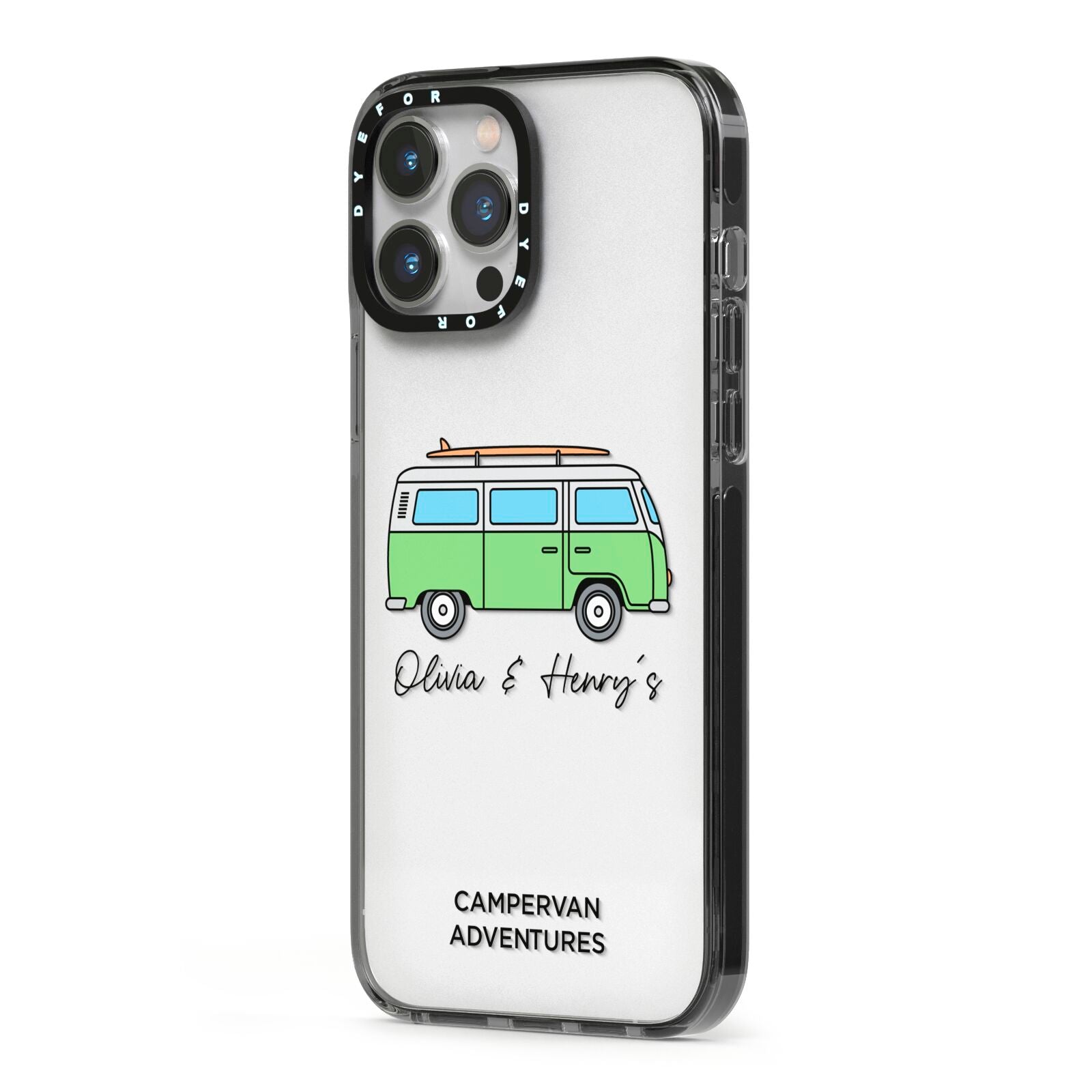 Green Bespoke Campervan Adventures iPhone 13 Pro Max Black Impact Case Side Angle on Silver phone