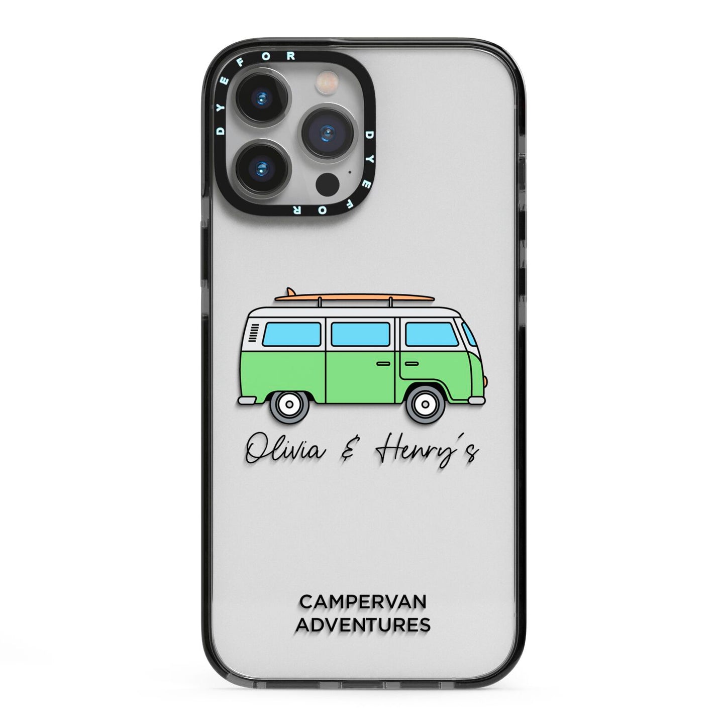 Green Bespoke Campervan Adventures iPhone 13 Pro Max Black Impact Case on Silver phone