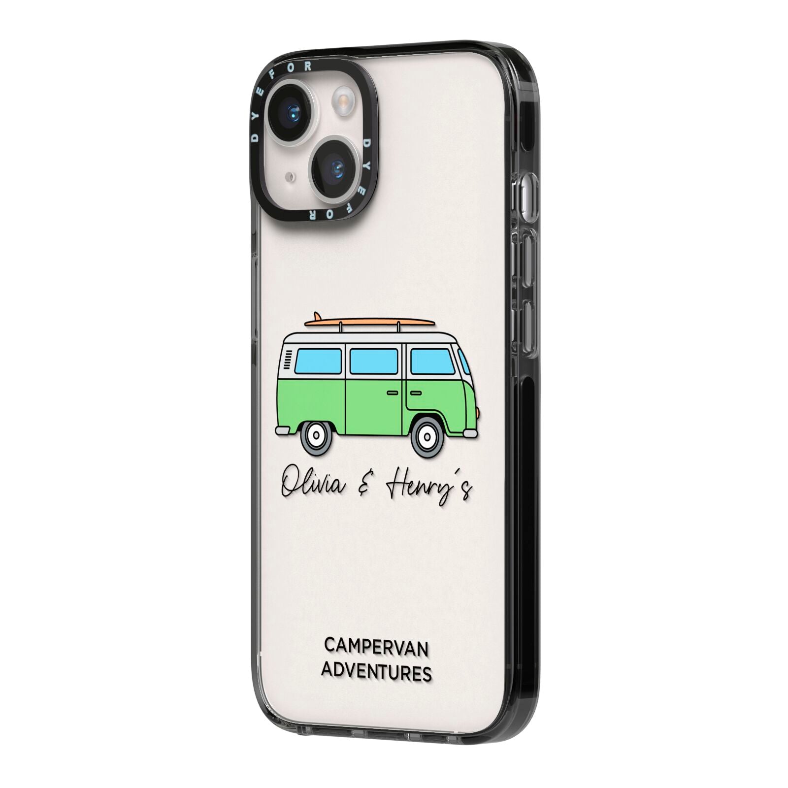 Green Bespoke Campervan Adventures iPhone 14 Black Impact Case Side Angle on Silver phone