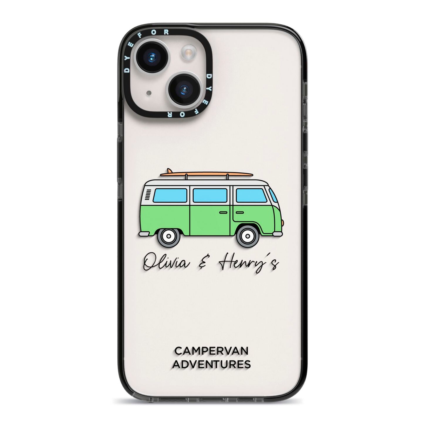 Green Bespoke Campervan Adventures iPhone 14 Black Impact Case on Silver phone