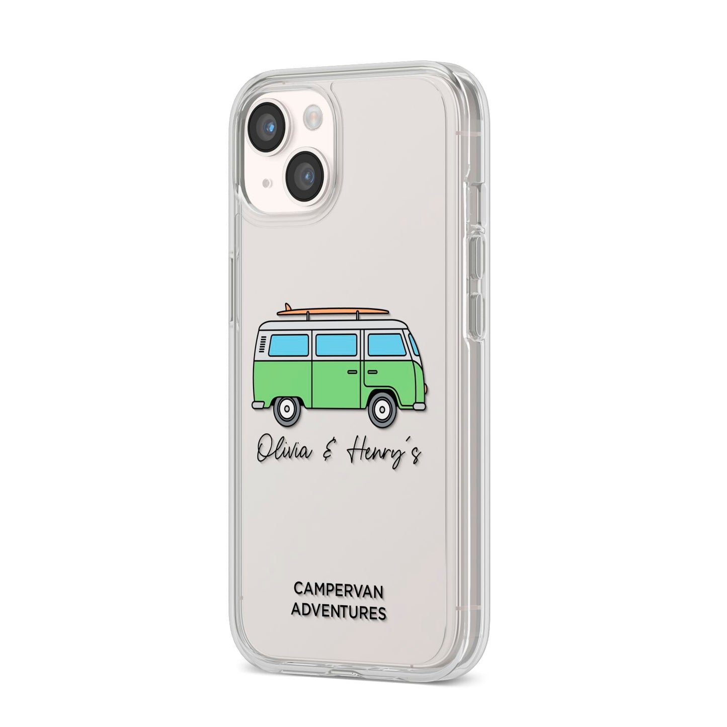 Green Bespoke Campervan Adventures iPhone 14 Clear Tough Case Starlight Angled Image