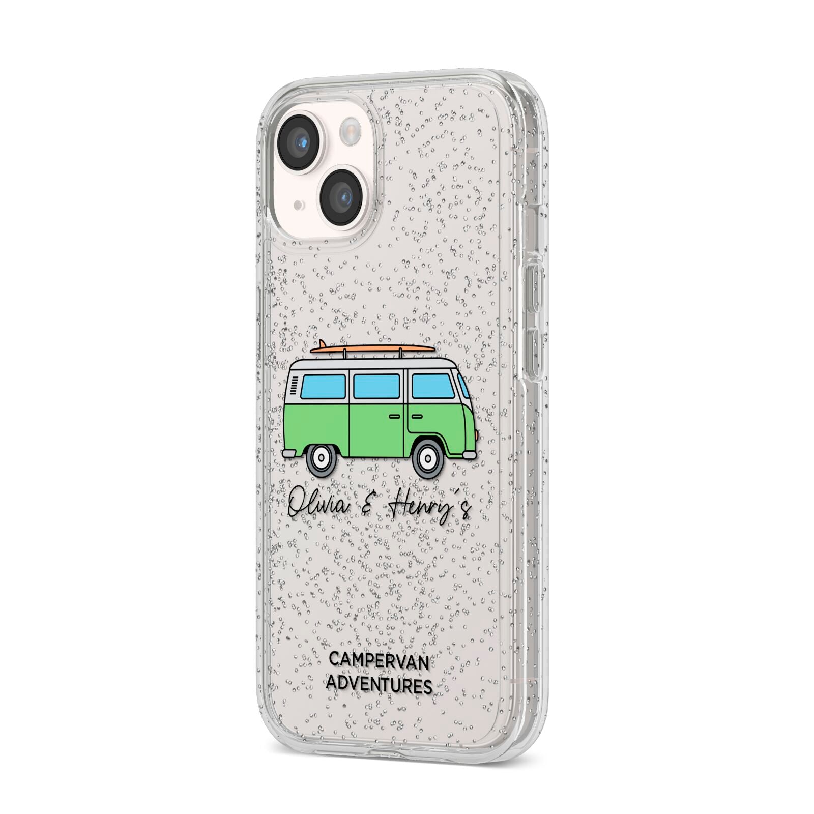 Green Bespoke Campervan Adventures iPhone 14 Glitter Tough Case Starlight Angled Image