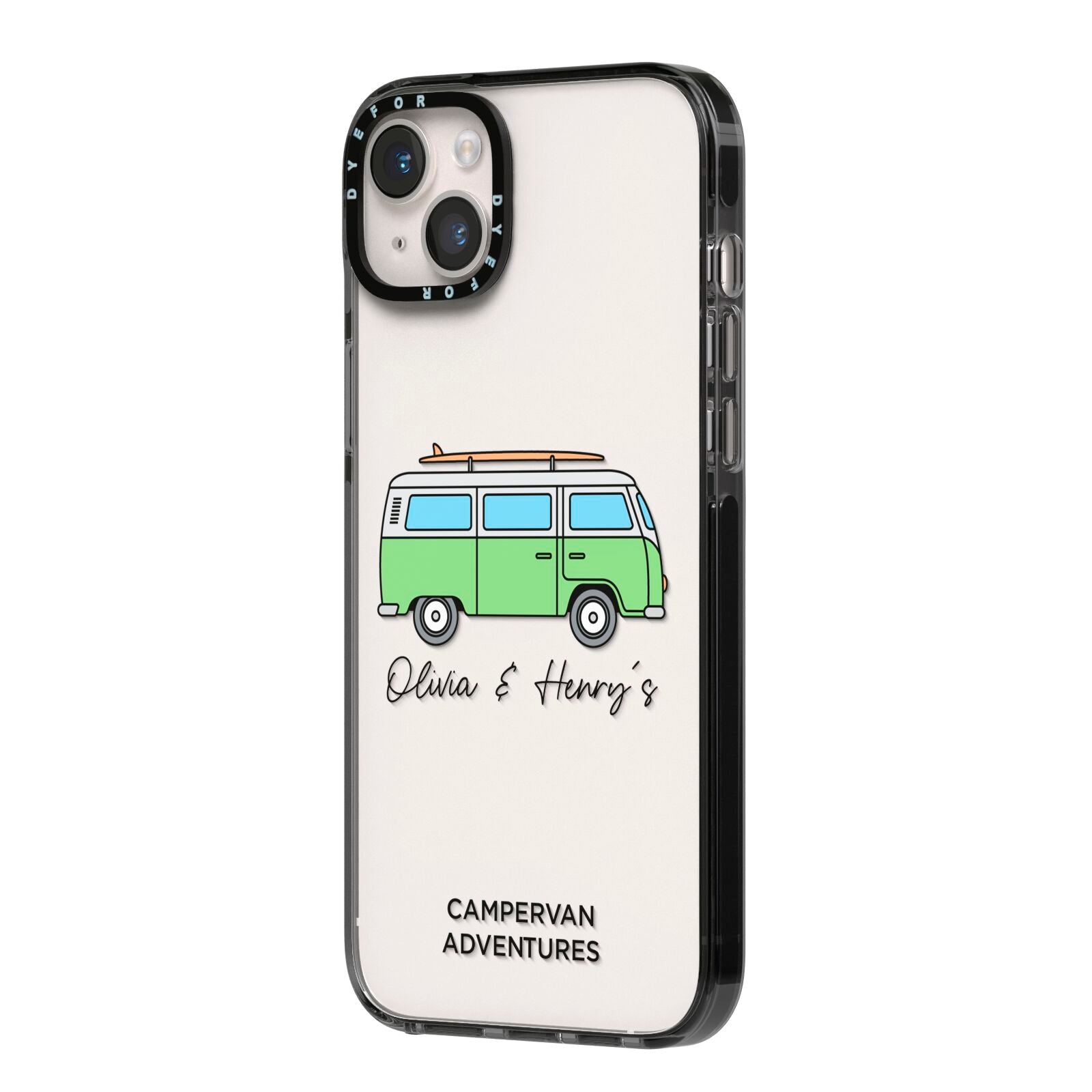Green Bespoke Campervan Adventures iPhone 14 Plus Black Impact Case Side Angle on Silver phone