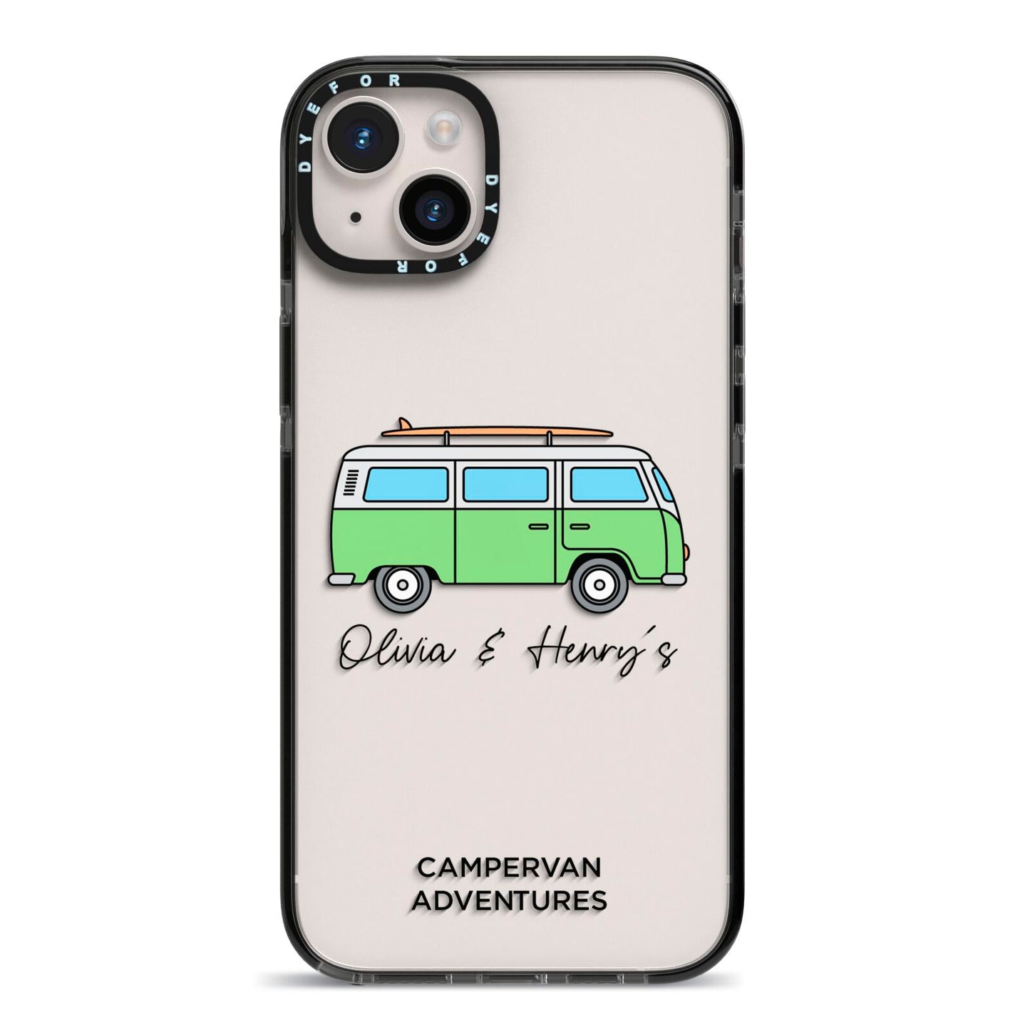 Green Bespoke Campervan Adventures iPhone 14 Plus Black Impact Case on Silver phone