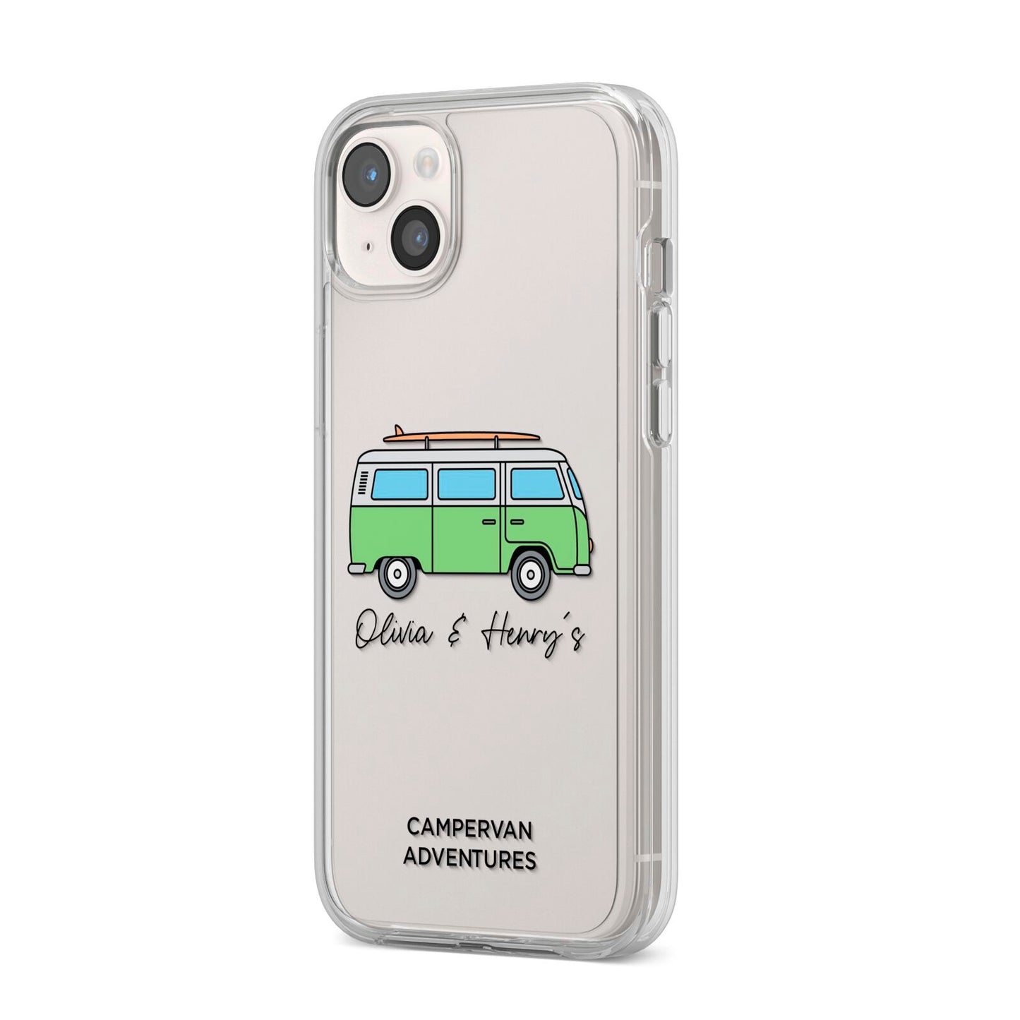Green Bespoke Campervan Adventures iPhone 14 Plus Clear Tough Case Starlight Angled Image